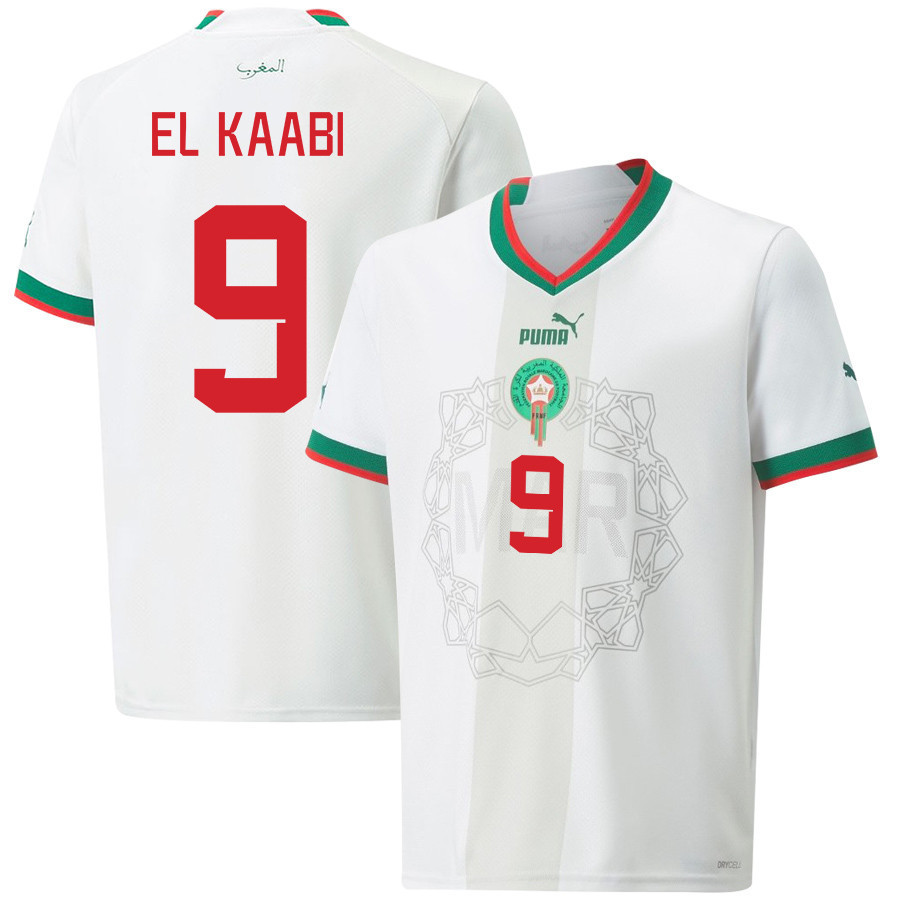 Ayoub El Kaabi 9 Morocco National Team 2022-23 Qatar World Cup Men Away Soccer Jersey – White