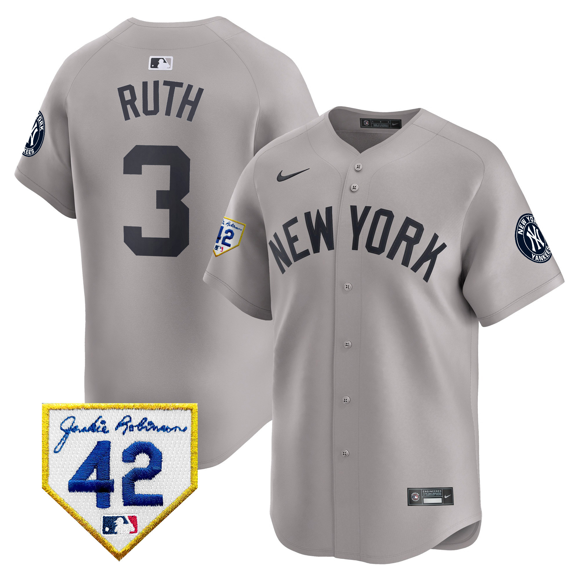 Babe Ruth Men's New York Yankees 2024 Jackie Robinson Patch Vapor Premier Limited Gray Jersey - All Stitched