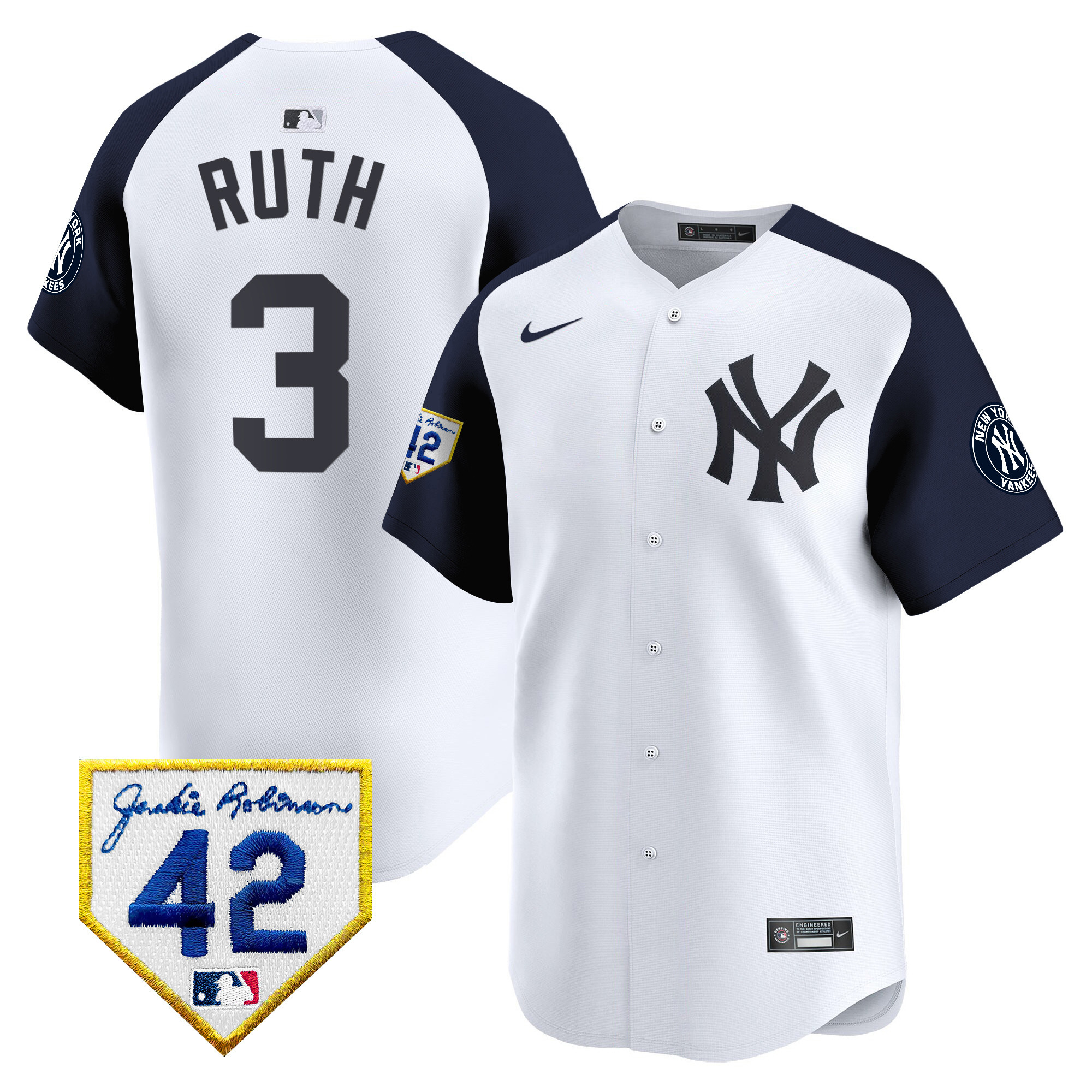 Babe Ruth Men's New York Yankees 2024 Jackie Robinson Patch Vapor Premier Limited White Alternate Jersey - All Stitched