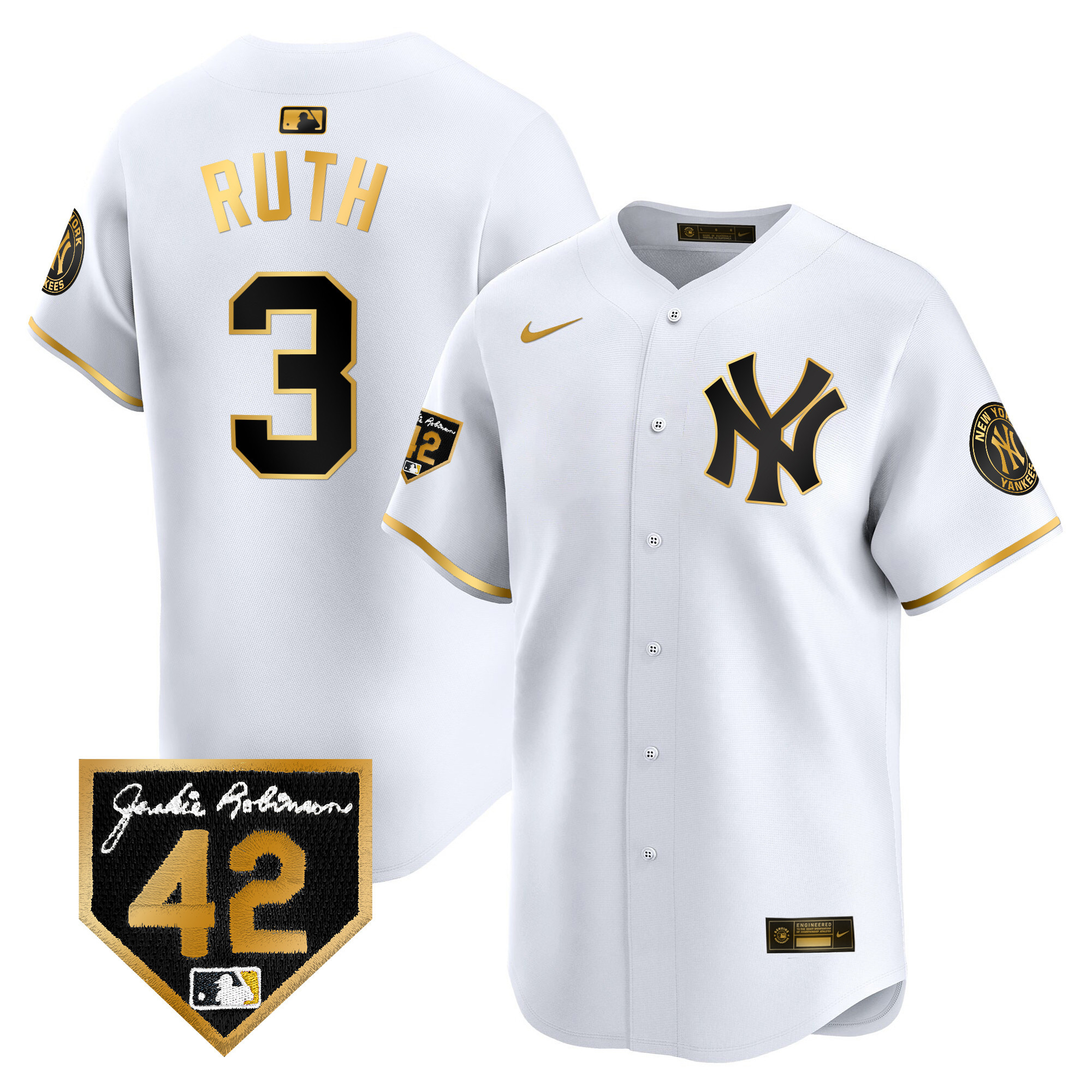 Babe Ruth Men's New York Yankees 2024 Jackie Robinson Patch Vapor Premier Limited White Gold Jersey - All Stitched