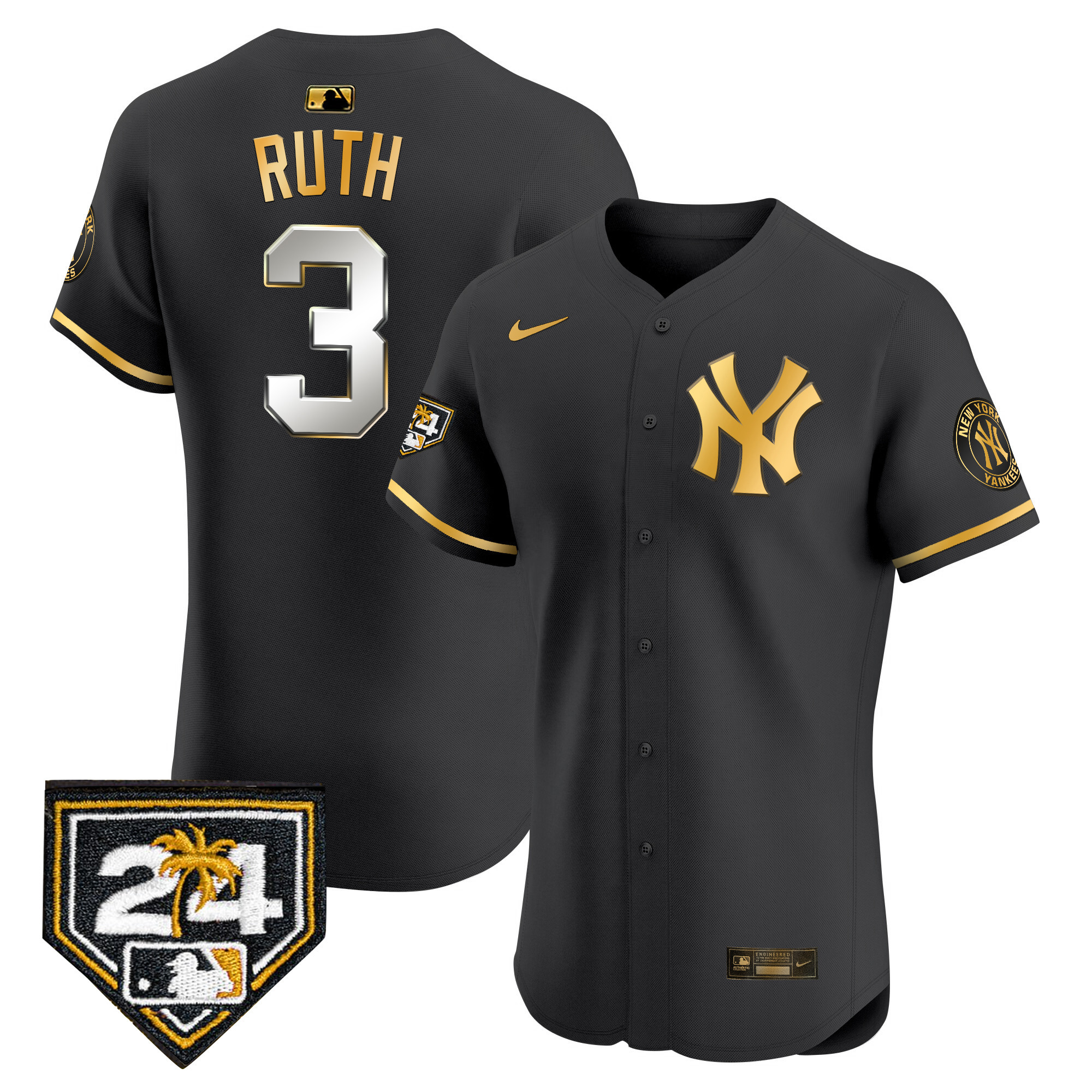 Babe Ruth Men's New York Yankees 2024 Spring Training Patch Vapor Premier Elite V2 Black Gold Jersey - All Stitched