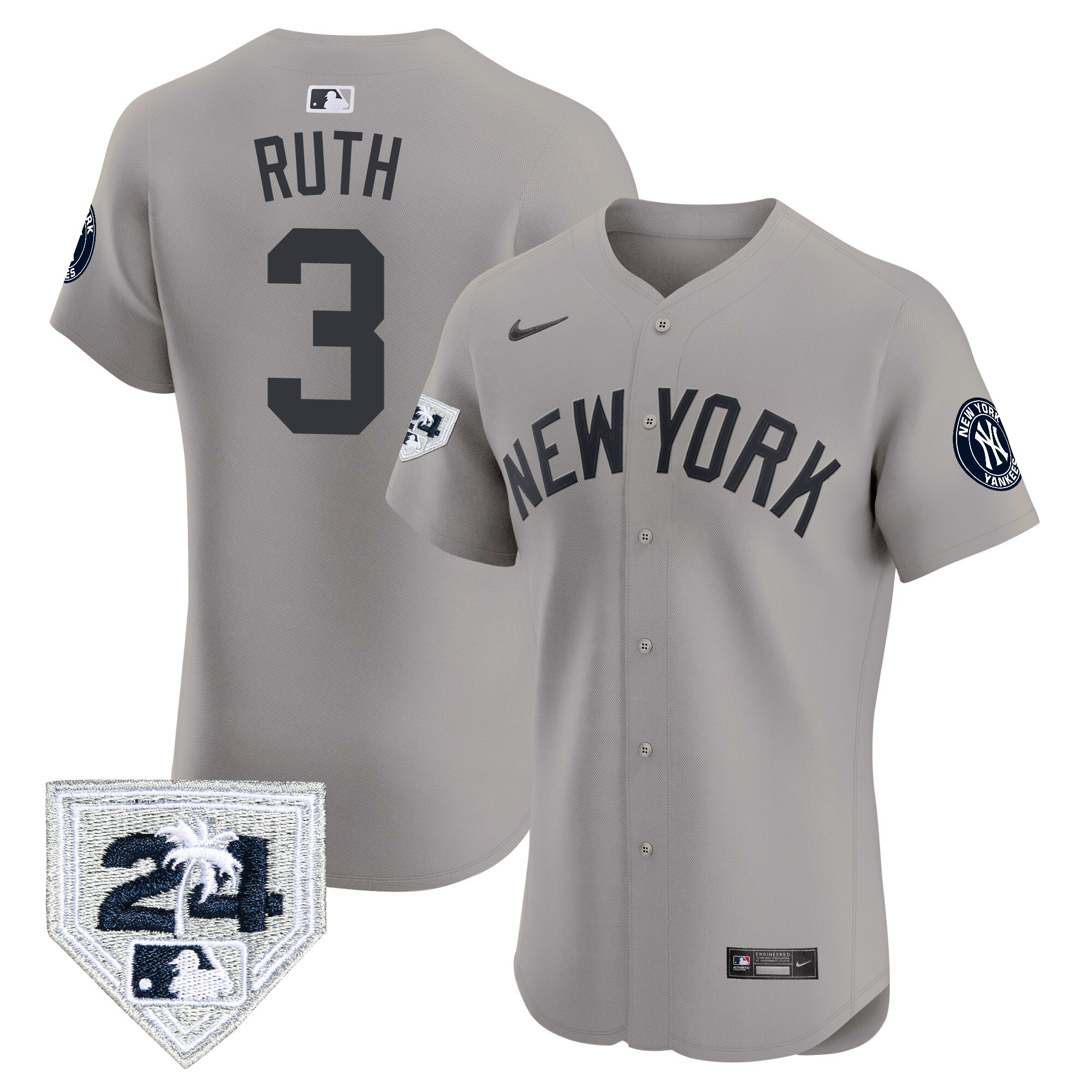 Babe Ruth Men's New York Yankees 2024 Spring Training Patch Vapor Premier Elite V2 Gray Jersey - All Stitched