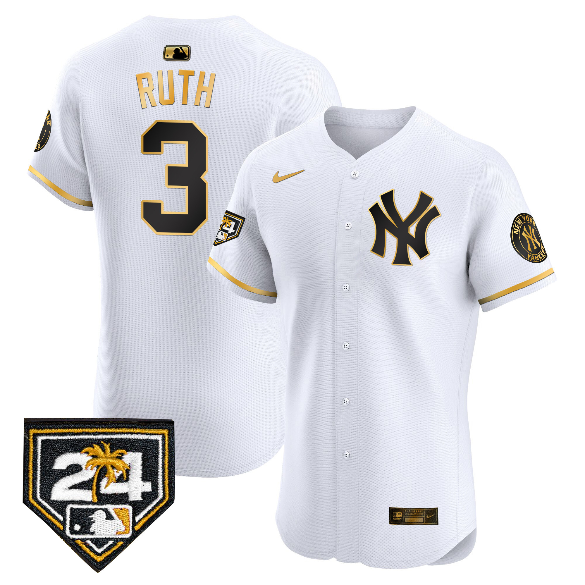 Babe Ruth Men's New York Yankees 2024 Spring Training Patch Vapor Premier Elite V2 White Gold Jersey - All Stitched