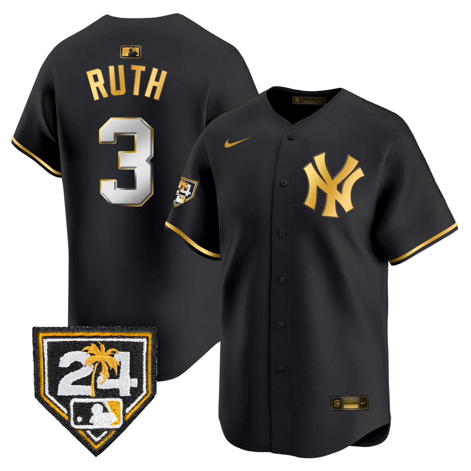 Babe Ruth Men's New York Yankees 2024 Spring Training Patch Vapor Premier Limited Black Gold Jersey - All Stitched