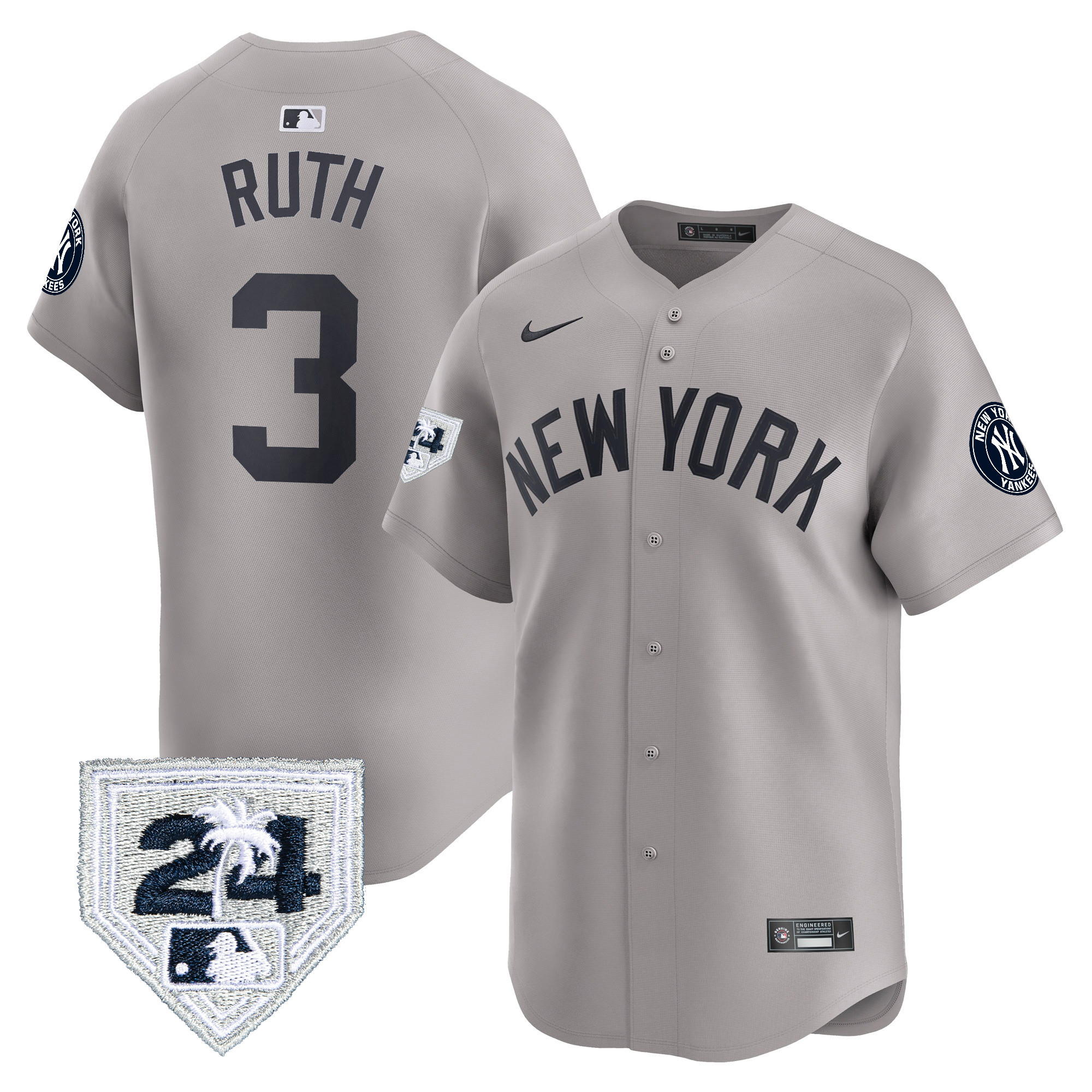 Babe Ruth Men's New York Yankees 2024 Spring Training Patch Vapor Premier Limited V2 Gray Jersey - All Stitched