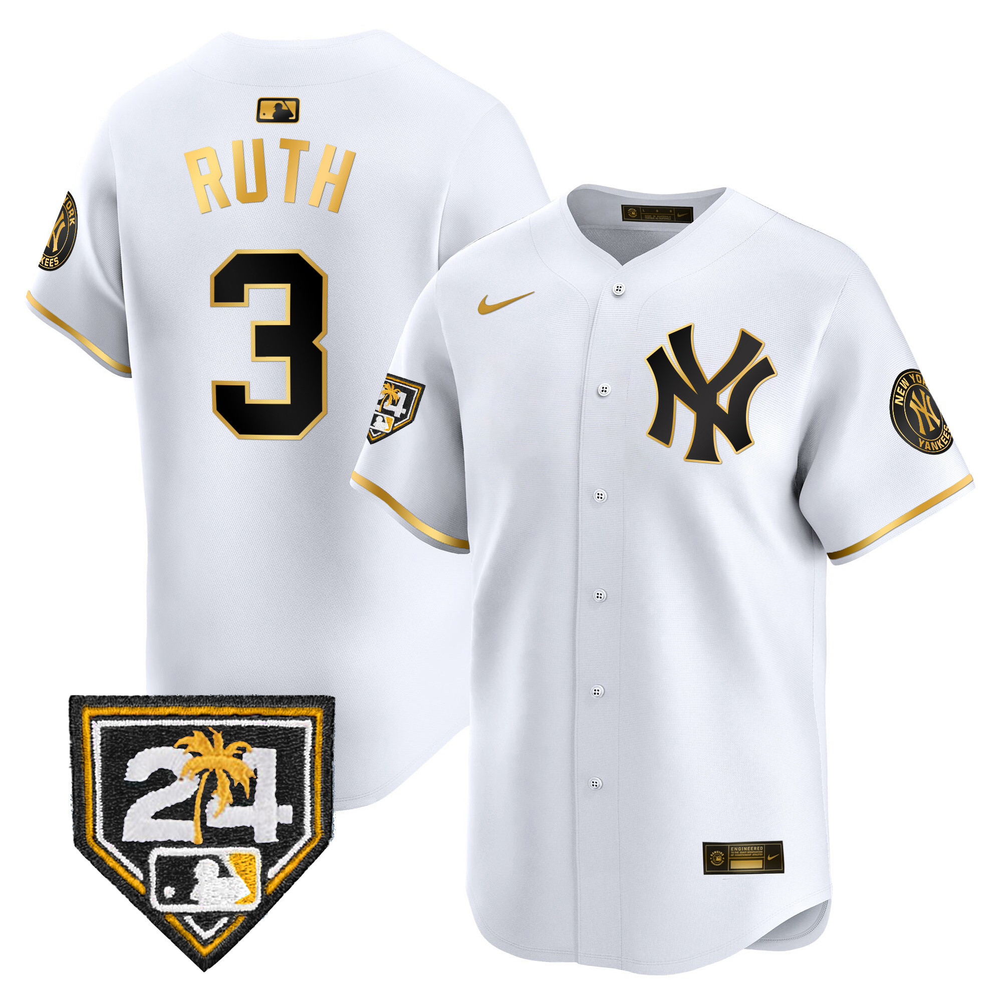 Babe Ruth Men's New York Yankees 2024 Spring Training Patch Vapor Premier Limited V2 White Gold Jersey - All Stitched