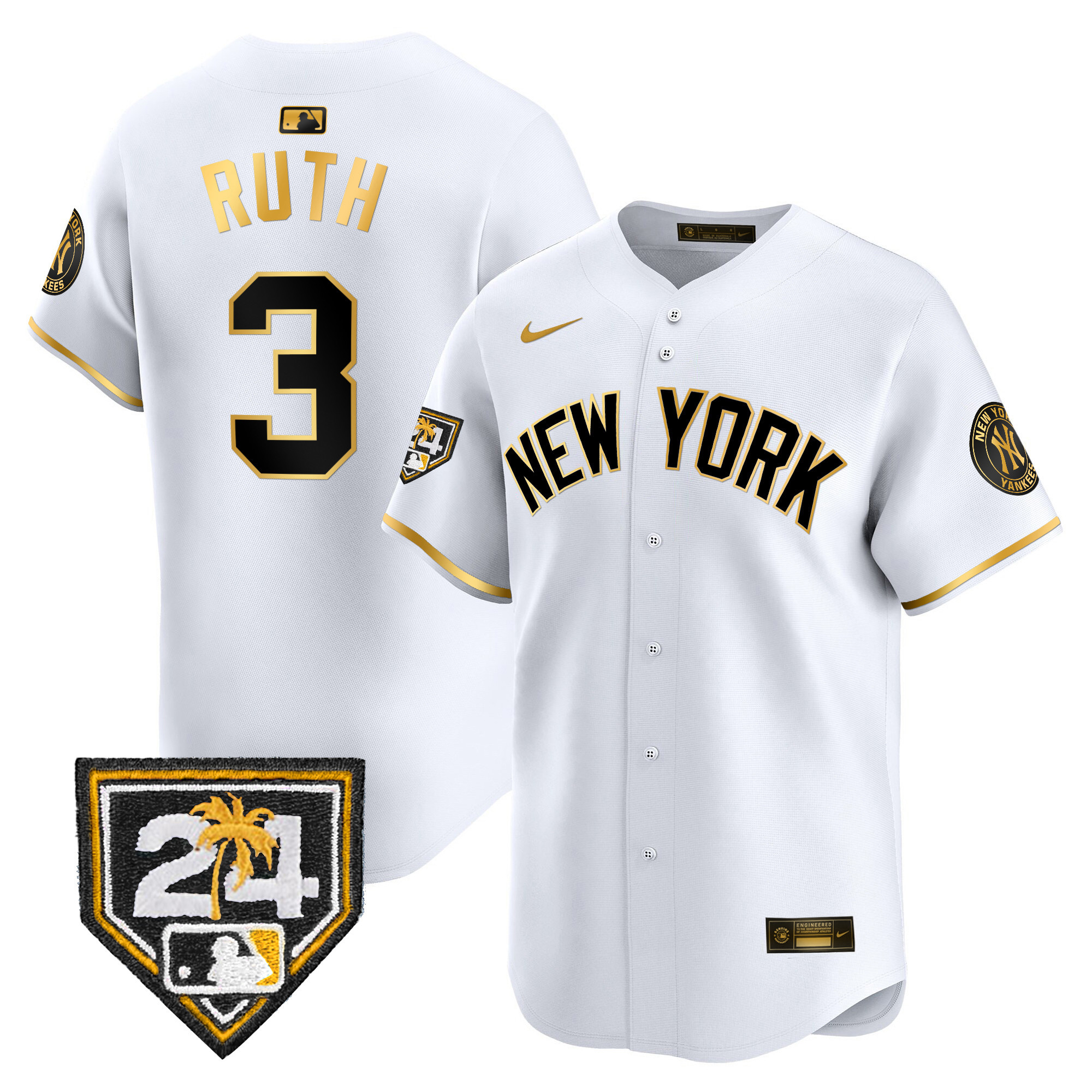 Babe Ruth Men's New York Yankees 2024 Spring Training Patch Vapor Premier Limited V3 White Gold Jersey - All Stitched