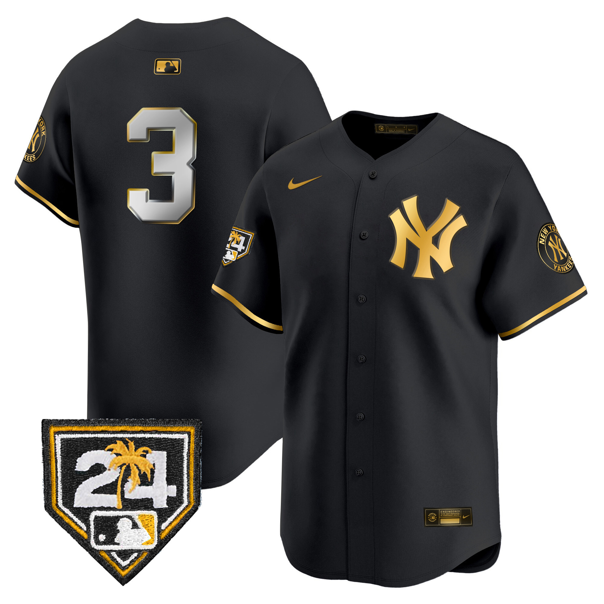 Babe Ruth Men's New York Yankees 2024 Spring Training Patch Vapor Premier Limited V4 Black Gold Jersey - All Stitched