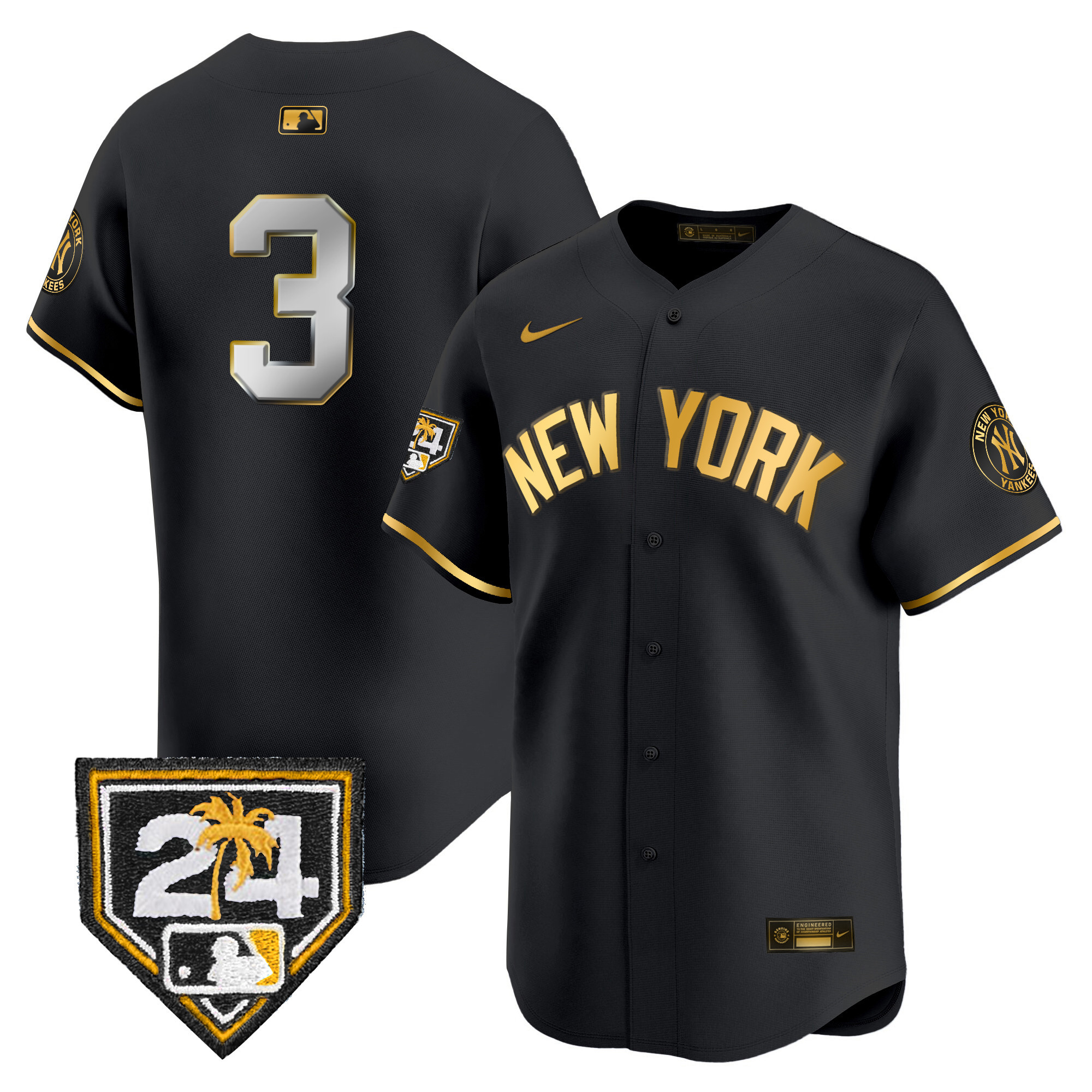 Babe Ruth Men's New York Yankees 2024 Spring Training Patch Vapor Premier Limited V5 Black Gold Jersey - All Stitched