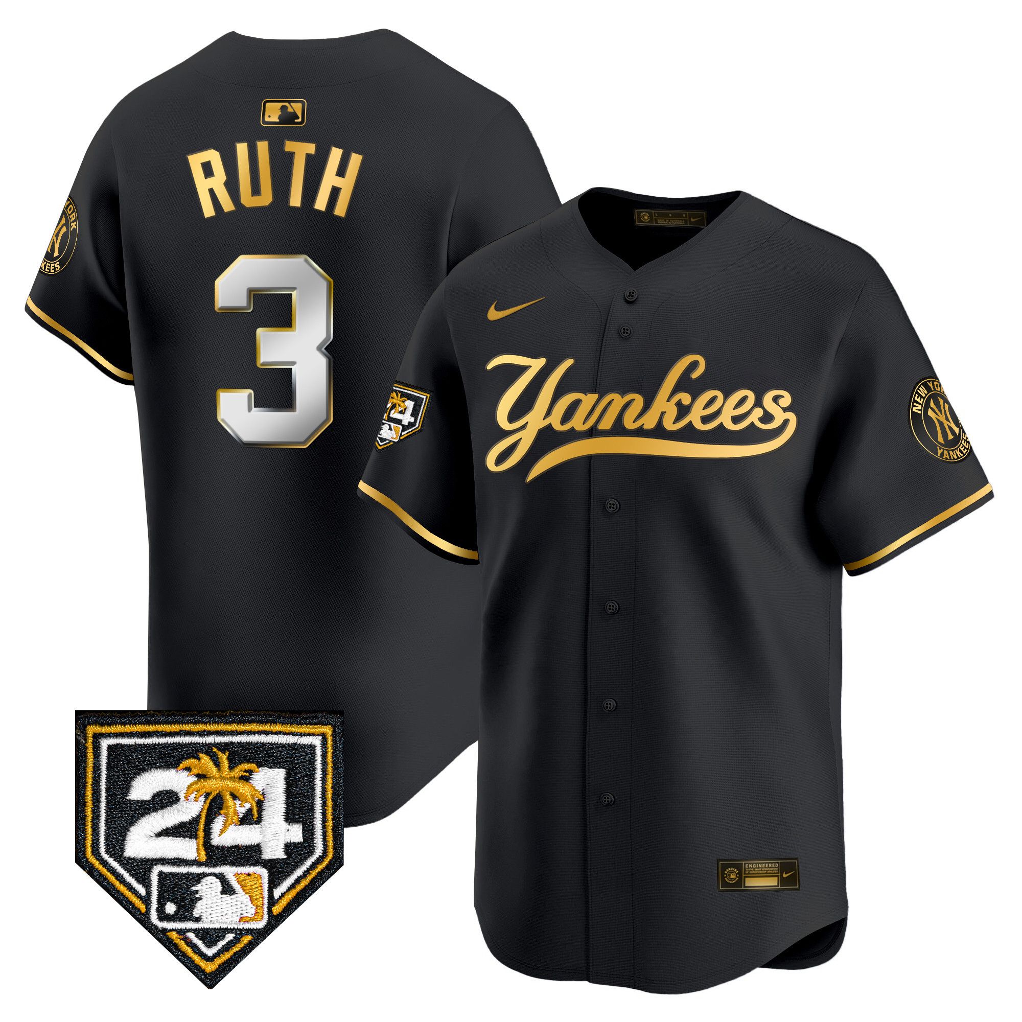 Babe Ruth Men's New York Yankees 2024 Spring Training Patch Vapor Premier Limited V6 Black Gold Jersey - All Stitched