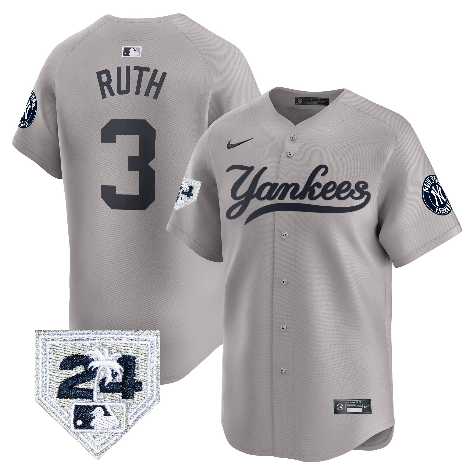 Babe Ruth Men's New York Yankees 2024 Spring Training Patch Vapor Premier Limited V6 Gray Jersey - All Stitched