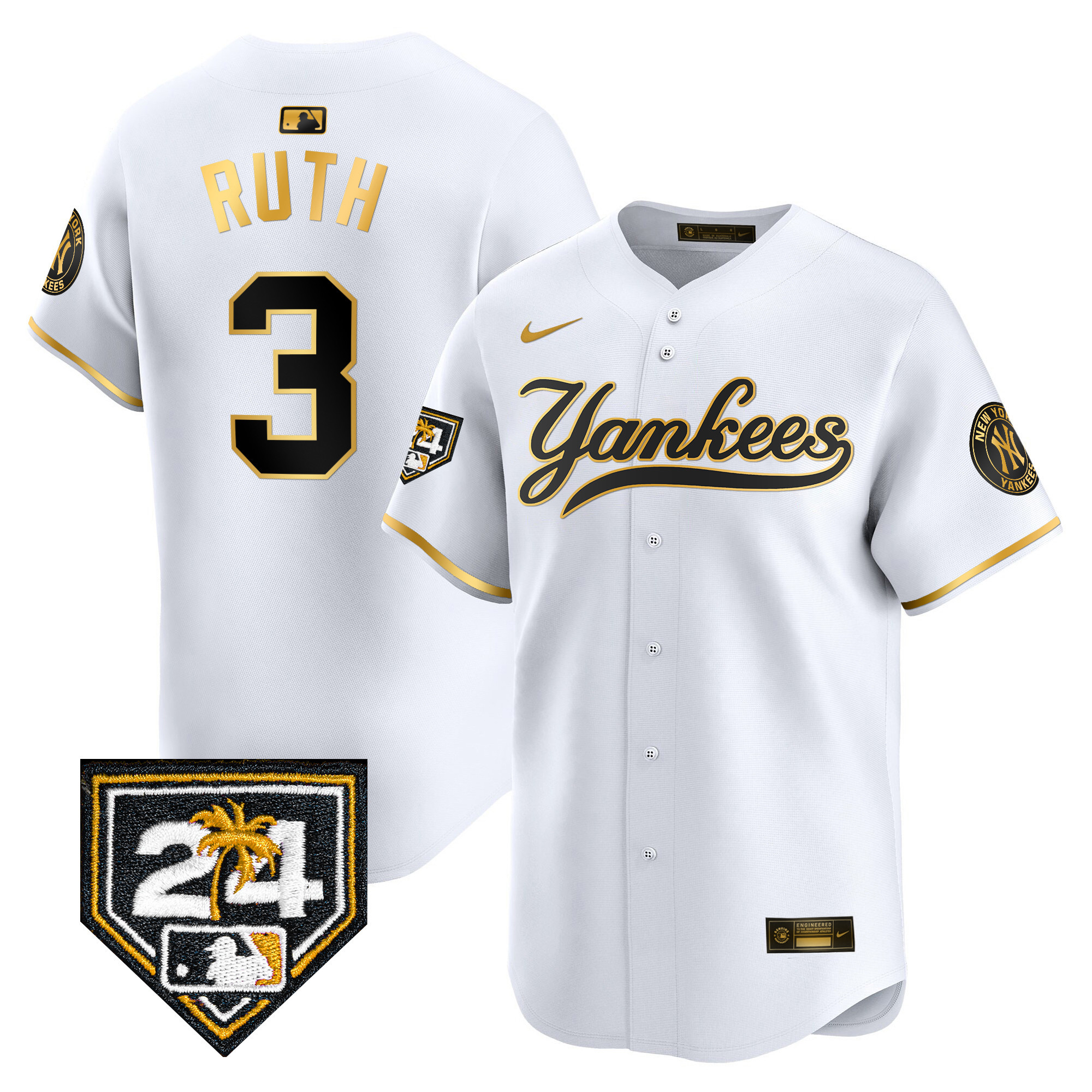Babe Ruth Men's New York Yankees 2024 Spring Training Patch Vapor Premier Limited V6 White Gold Jersey - All Stitched