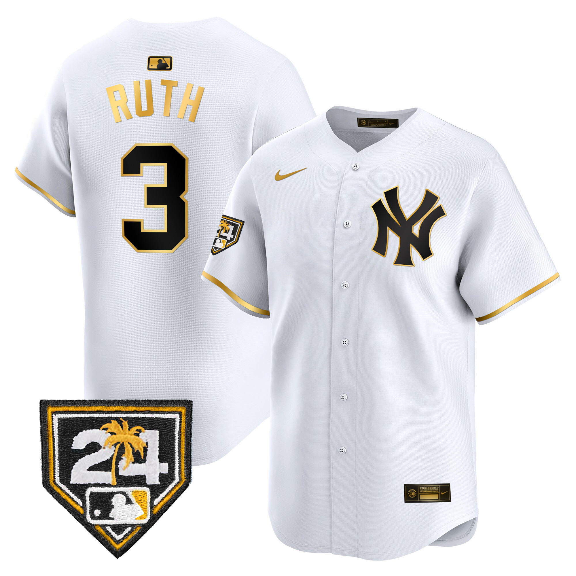 Babe Ruth Men's New York Yankees 2024 Spring Training Patch Vapor Premier Limited White Gold Jersey - All Stitched