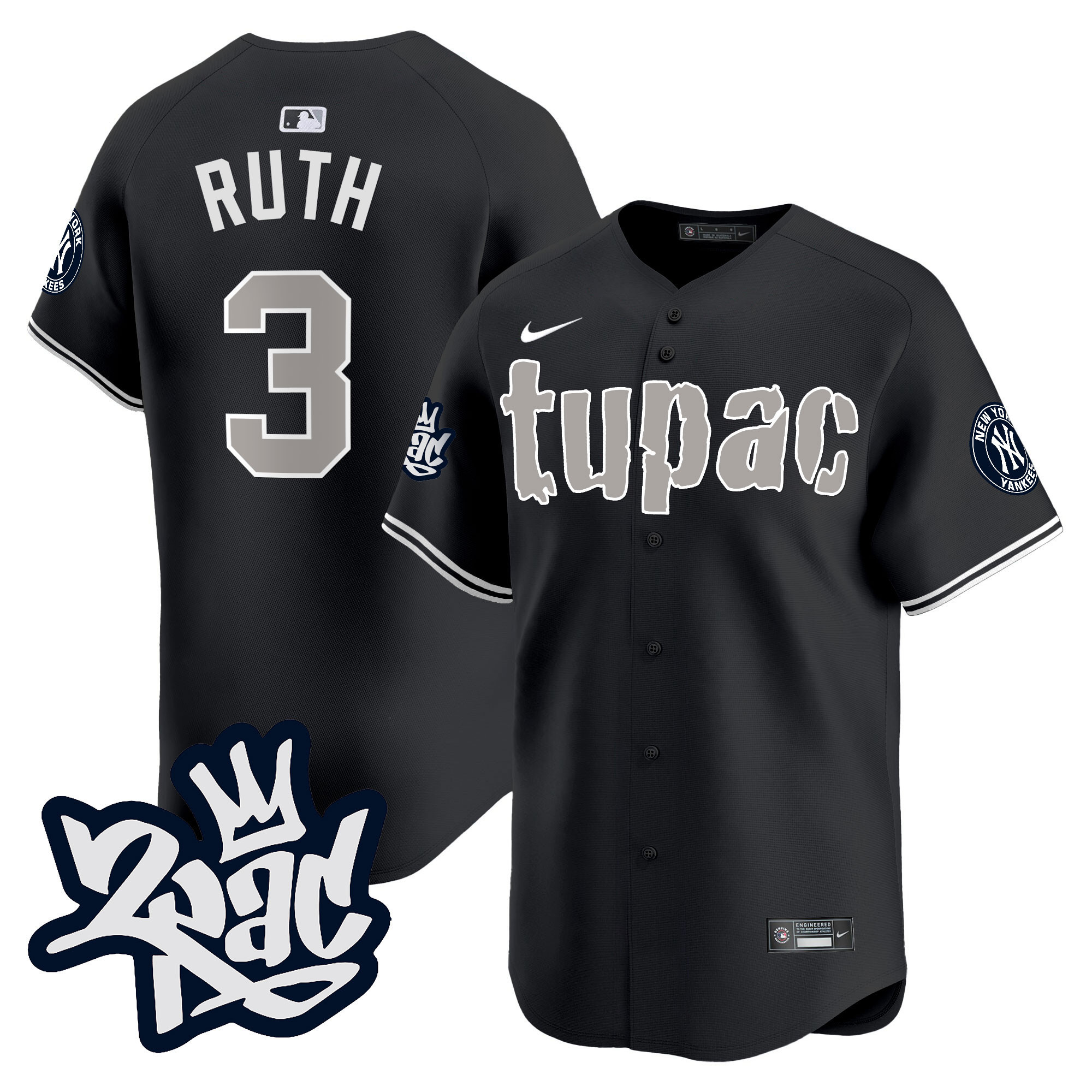 Babe Ruth Men's New York Yankees Tupac Shakur Vapor Premier Limited Black Jersey - All Stitched