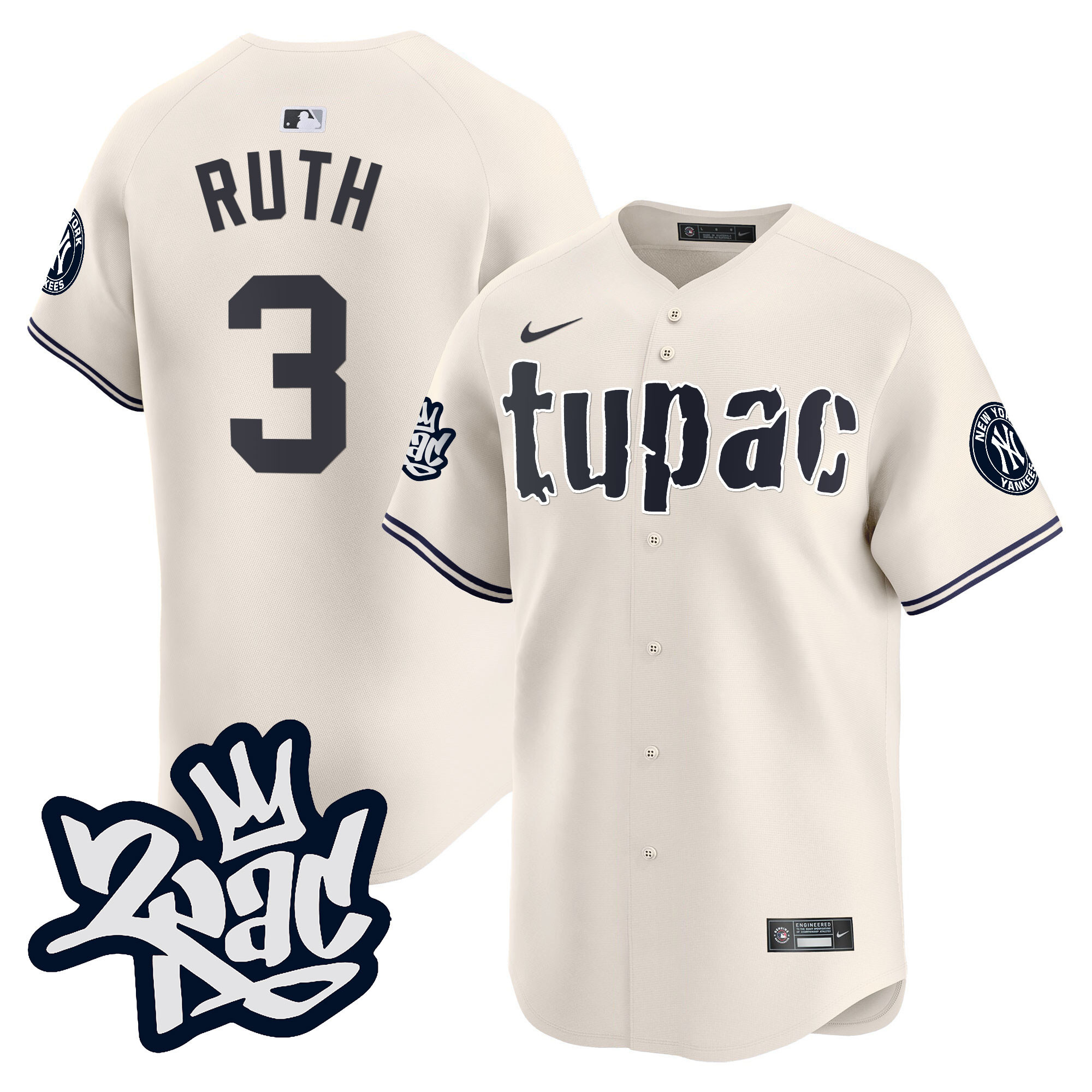 Babe Ruth Men's New York Yankees Tupac Shakur Vapor Premier Limited Cream Jersey - All Stitched