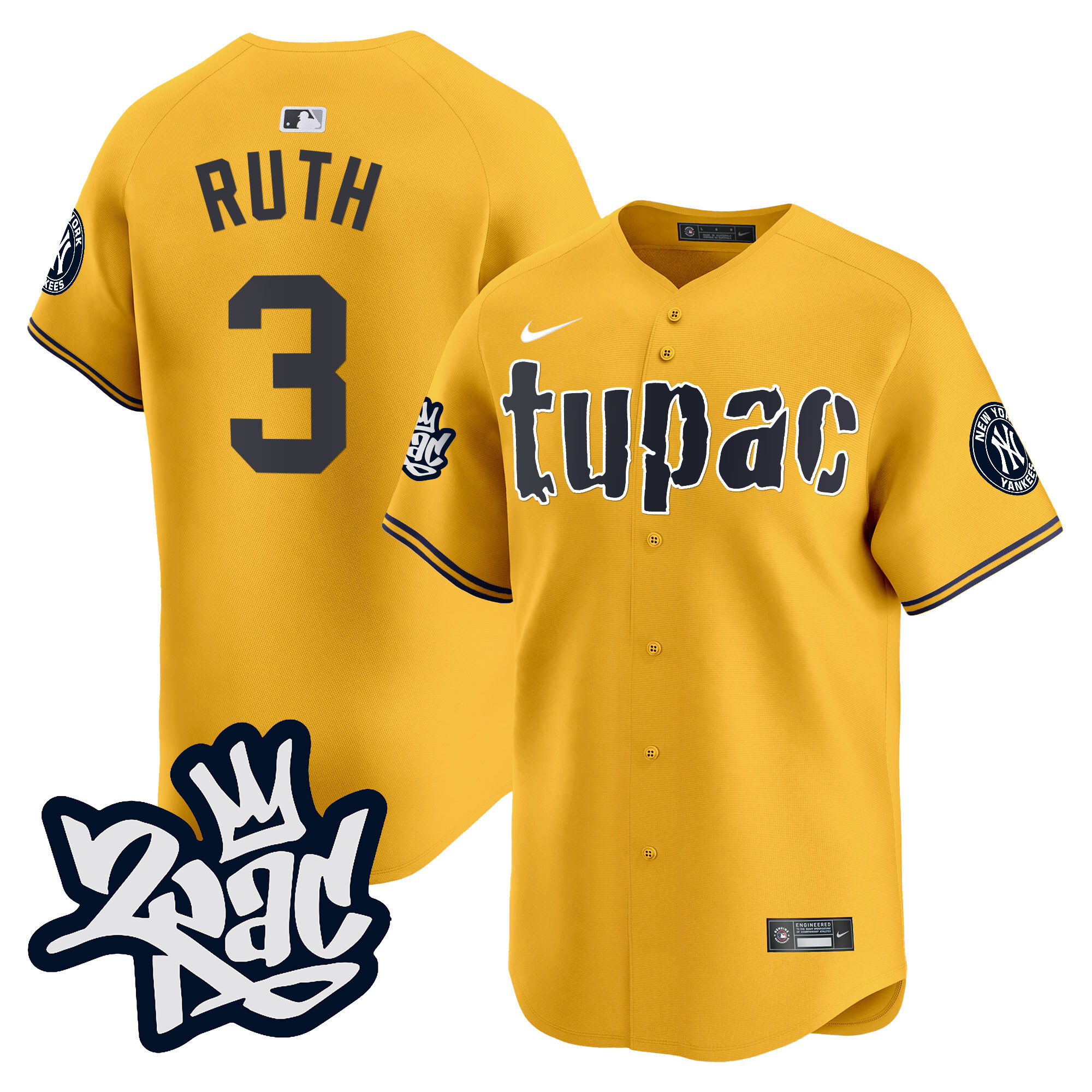 Babe Ruth Men's New York Yankees Tupac Shakur Vapor Premier Limited Gold Jersey - All Stitched