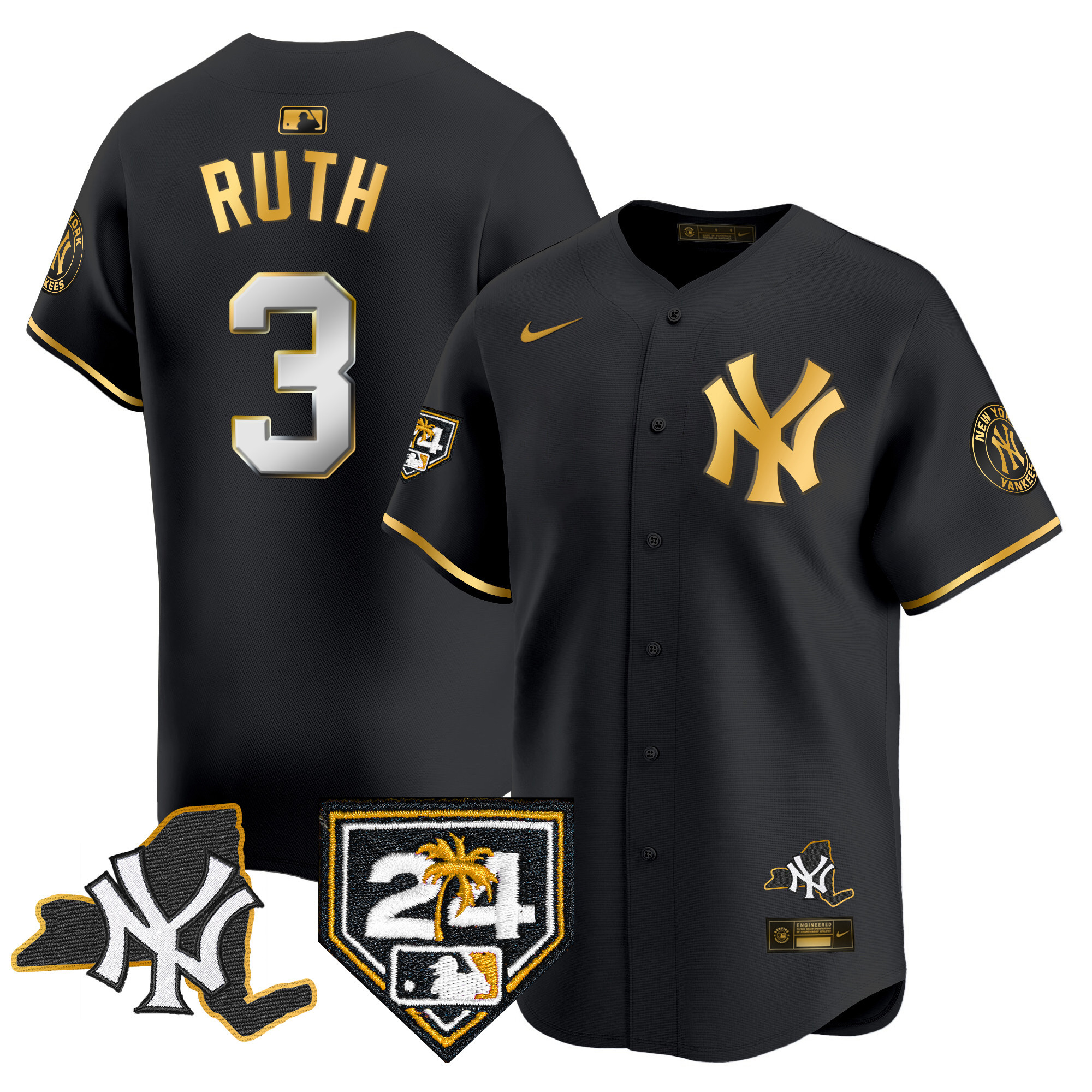 Babe Ruth Men's New York Yankees Vapor Premier Limited - New York Patch Black Gold Jersey - All Stitched