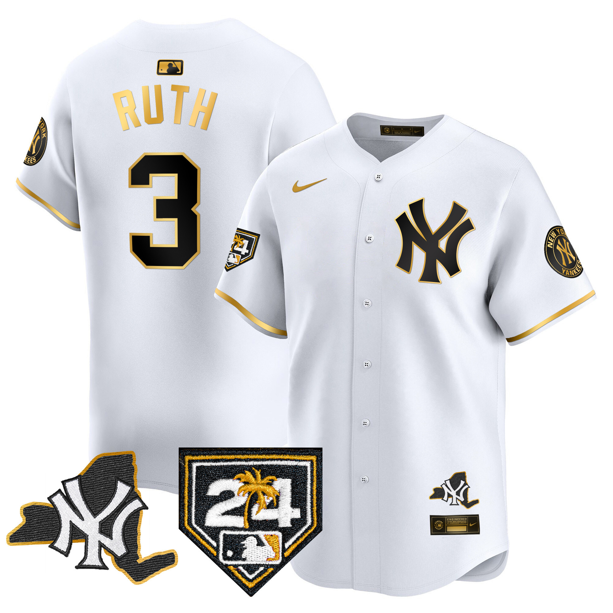 Babe Ruth Men's New York Yankees Vapor Premier Limited - New York Patch White Gold Jersey - All Stitched