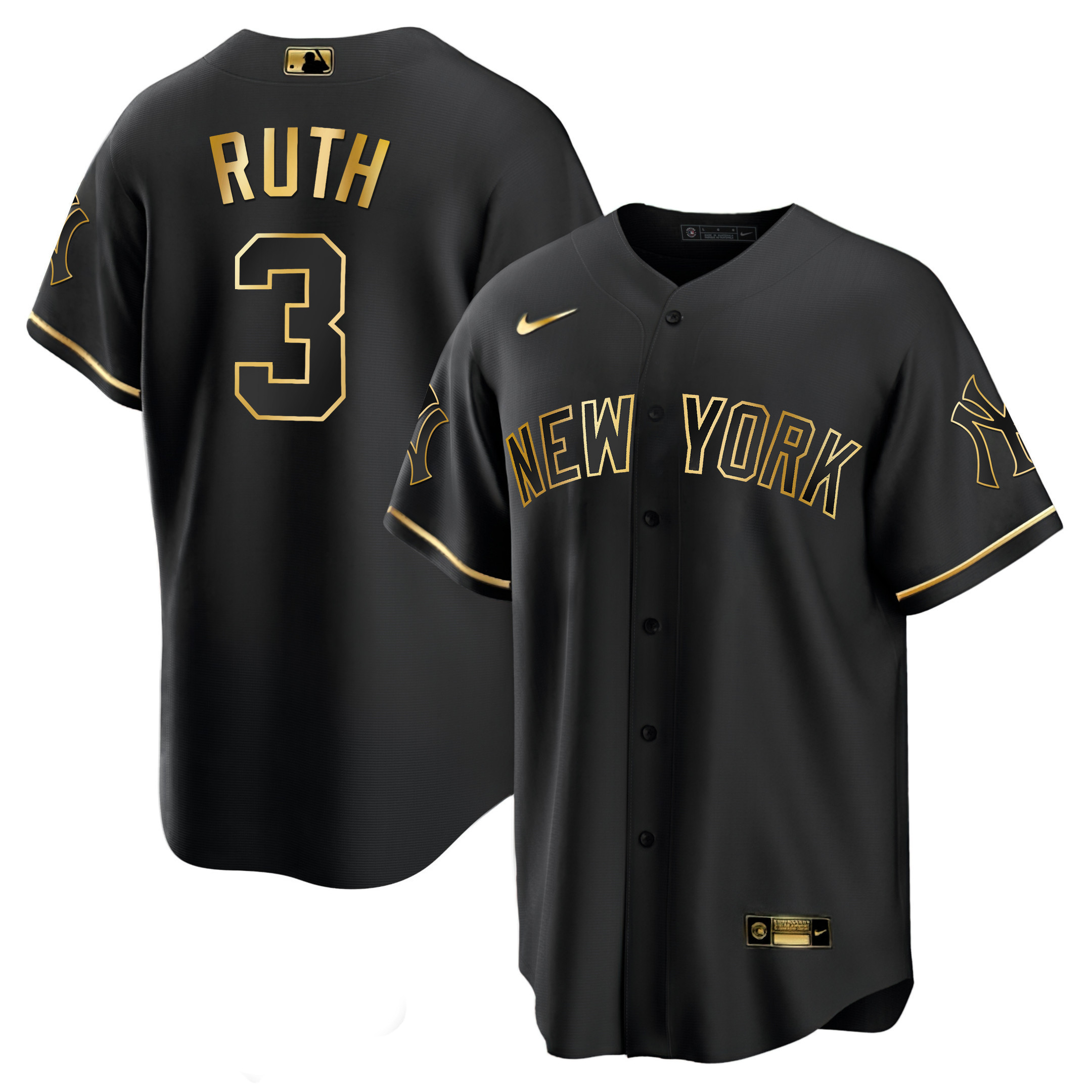 Babe Ruth Men's New York Yankees White Gold & Black Gold Cool Black Jersey - All Stitched