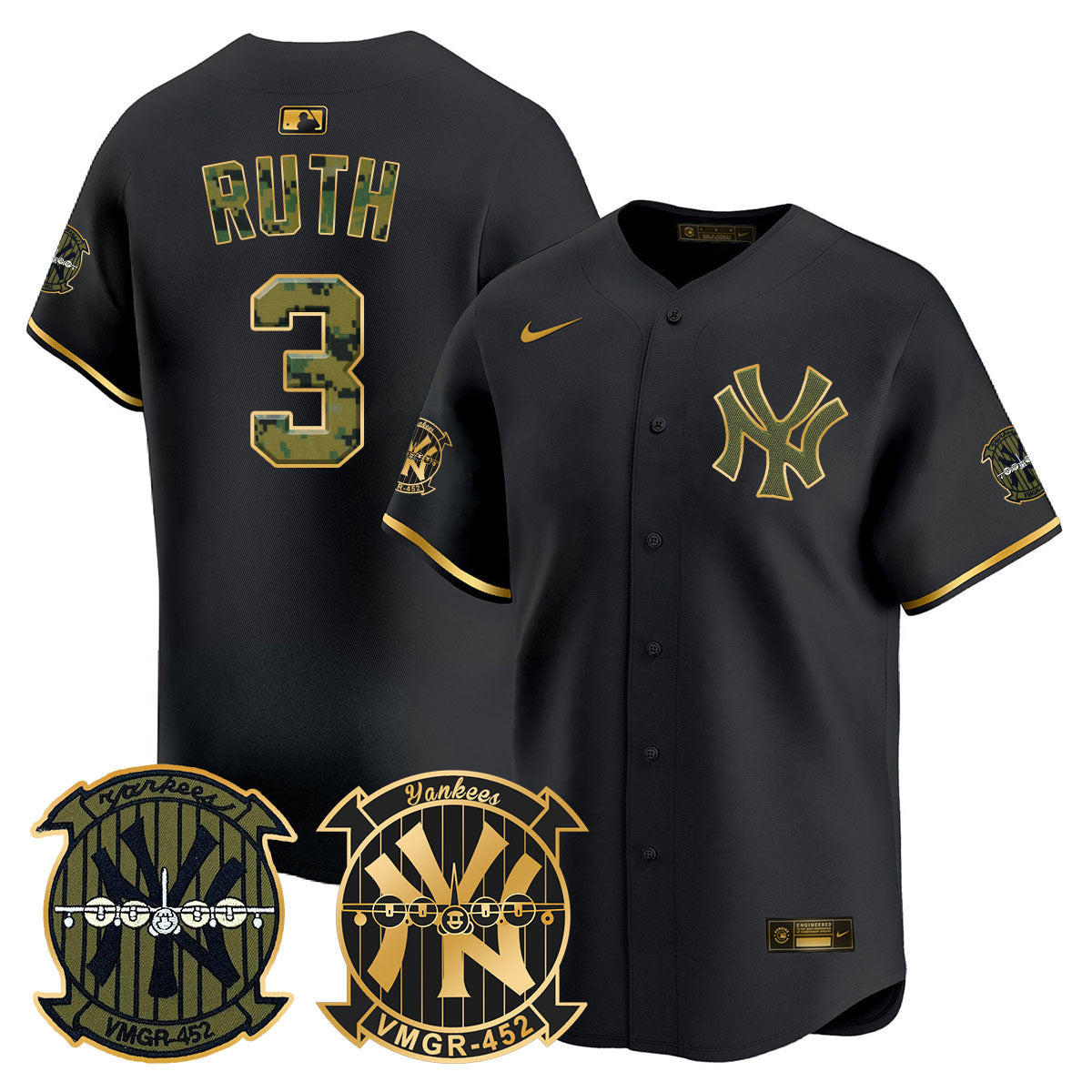 Babe Ruth Men's New York Yankees Woodland USMC Alternate Vapor Premier Limited Black Gold Jersey - All Stitched