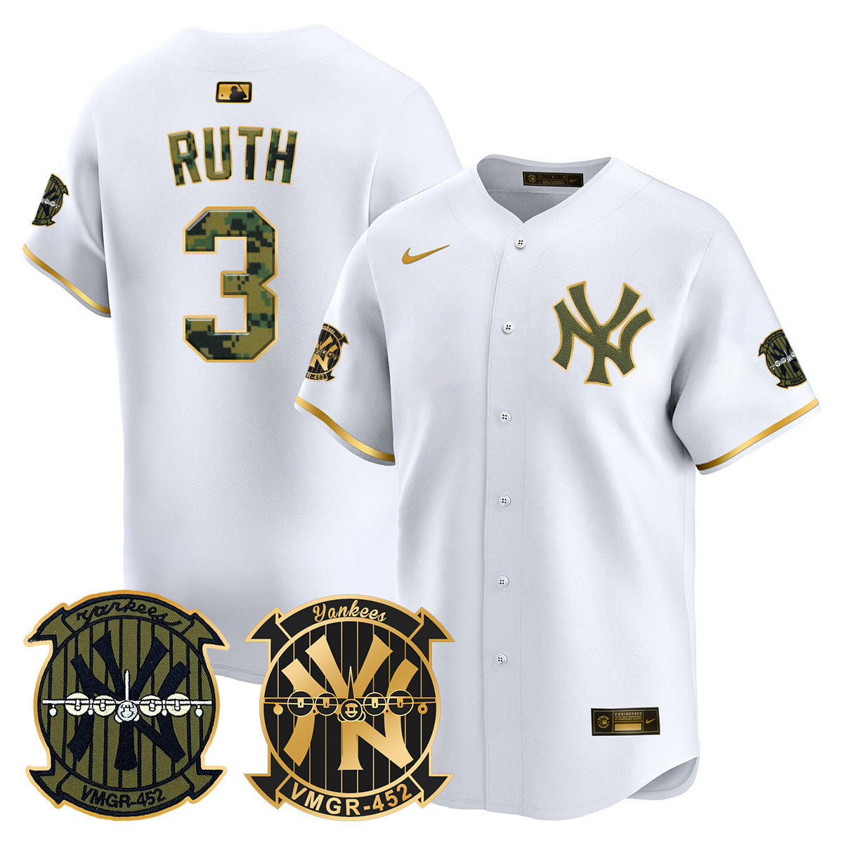 Babe Ruth Men's New York Yankees Woodland USMC Alternate Vapor Premier Limited White Gold Jersey - All Stitched