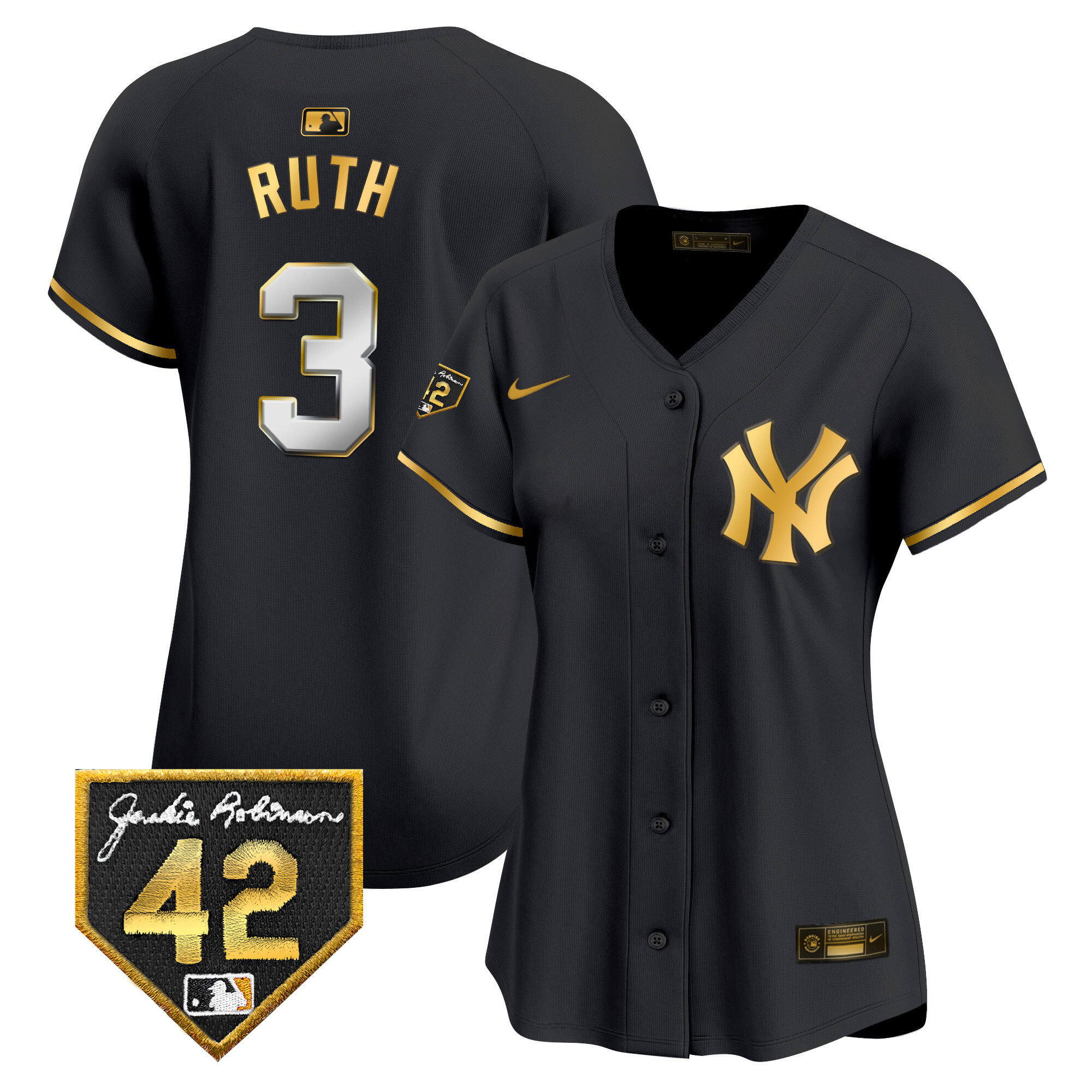 Babe Ruth Women's New York Yankees 2024 Jackie Robinson Patch Vapor Premier Limited Black Gold Jersey - All Stitched