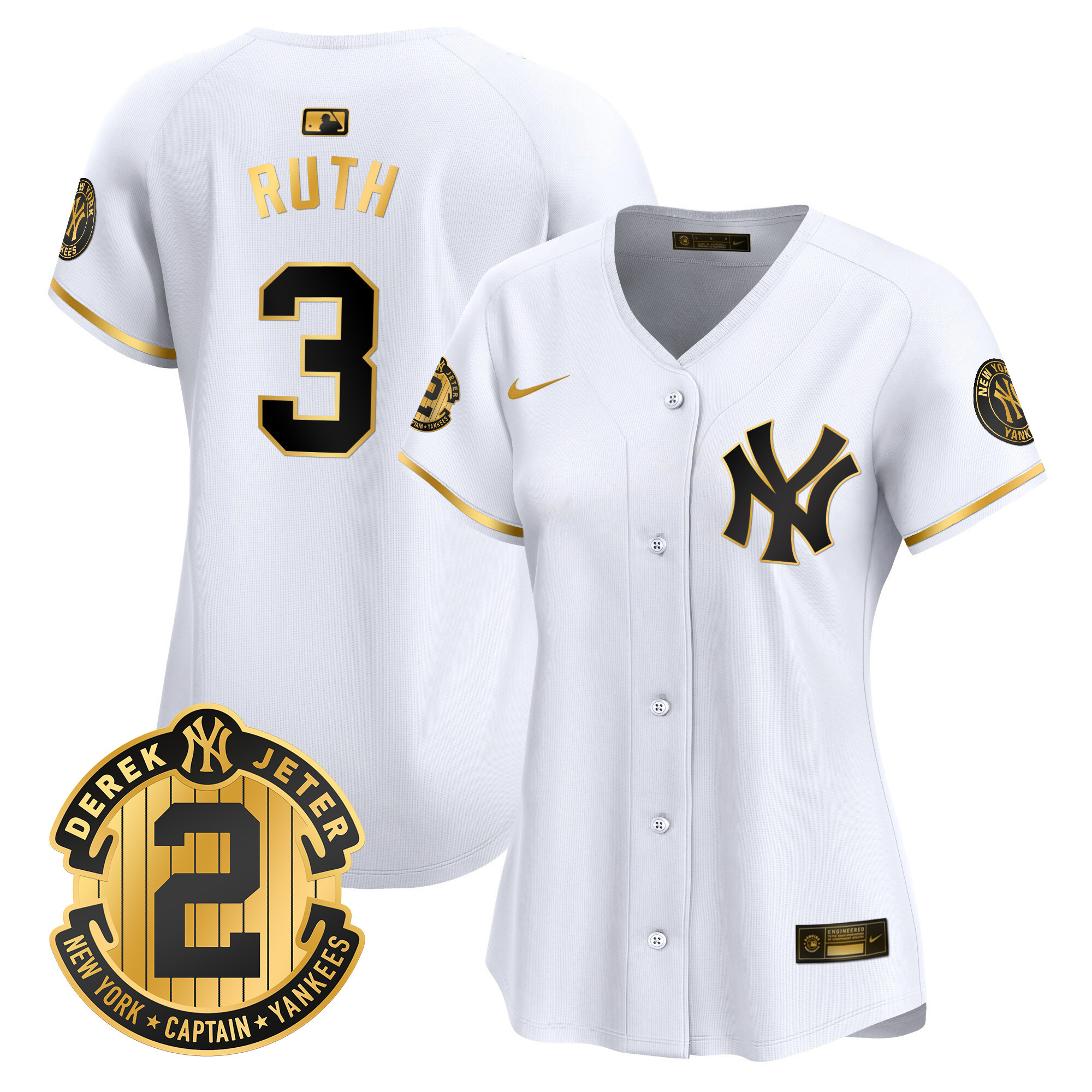 Babe Ruth Women's New York Yankees Derek Jeter Patch Vapor Premier Limited White Gold Jersey - All Stitched