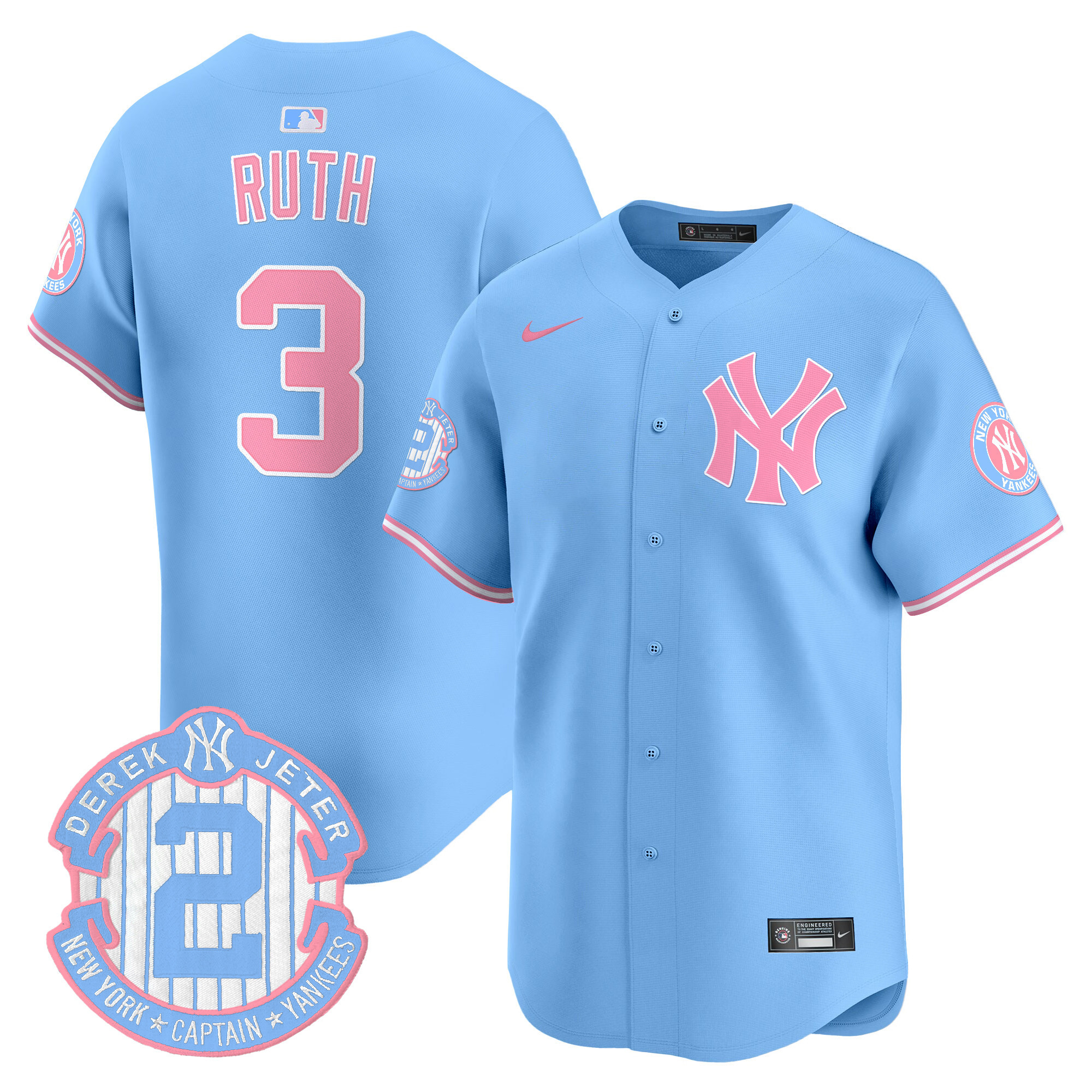 Babe RuthUnisex New York Yankees Bubblegum Pink Vapor Premier Limited Light Blue Jersey - All Stitched