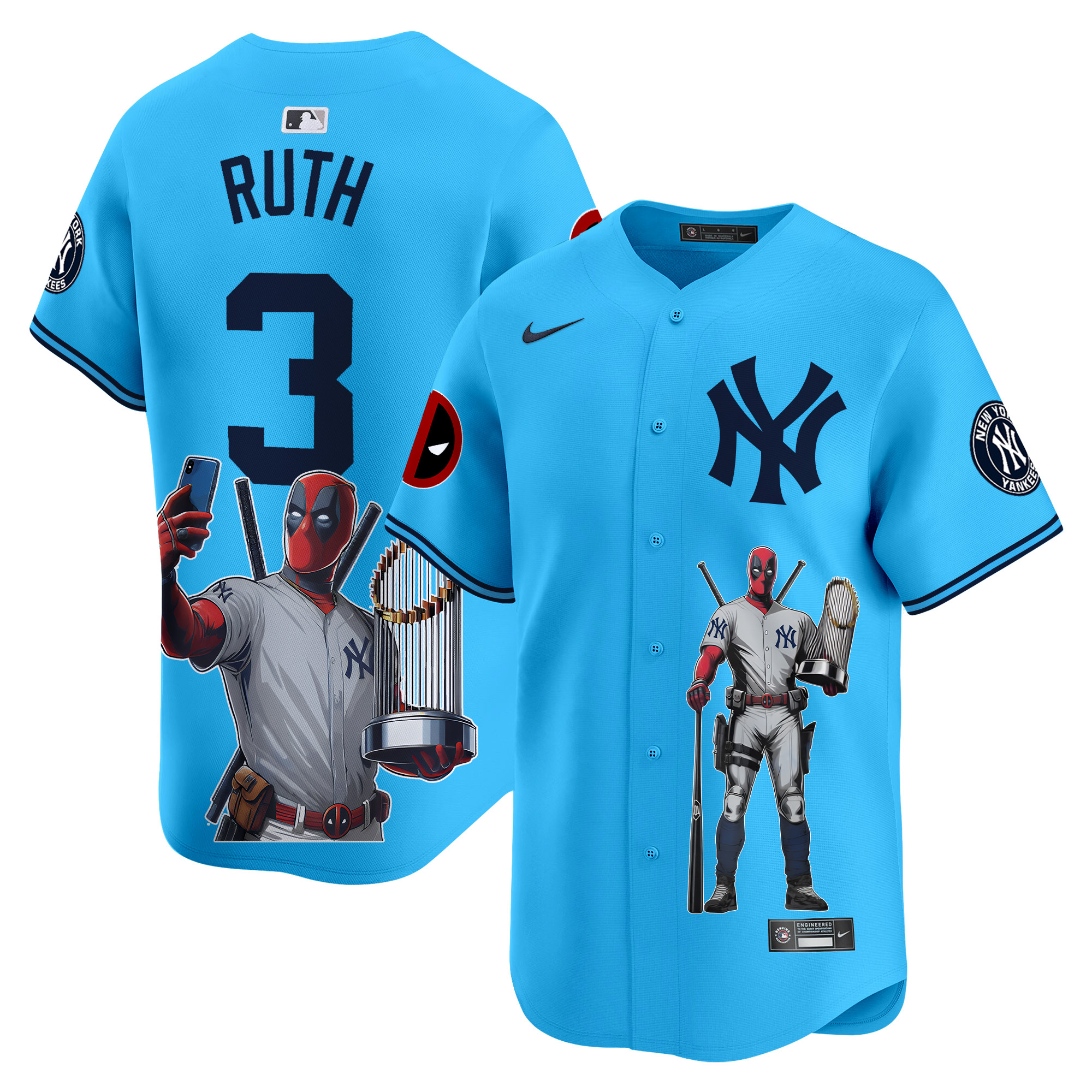 Babe RuthUnisex New York Yankees Deadpool Premier Limited Light Blue Jersey - Printed