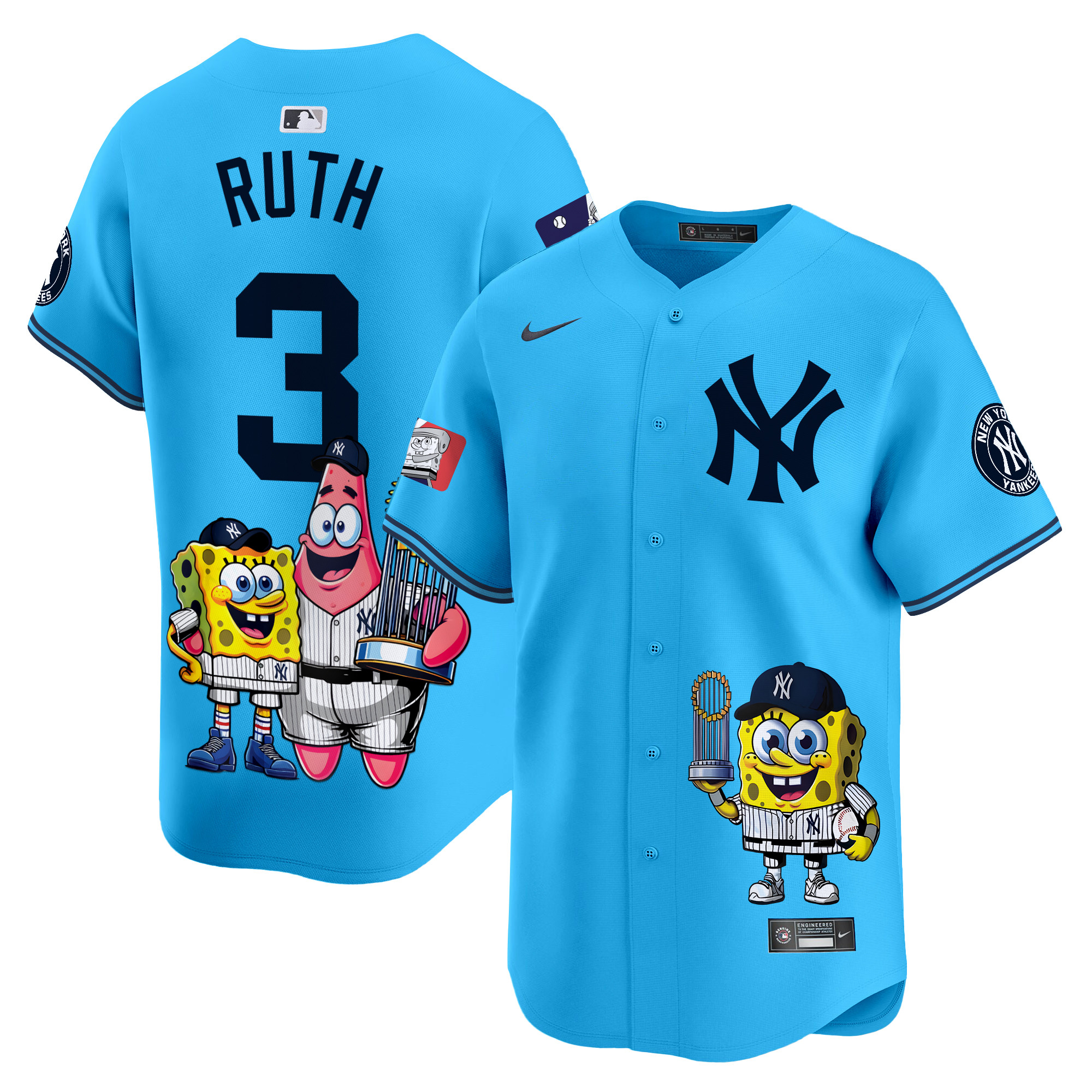 Babe RuthUnisex New York Yankees SpongeBob SquarePants Vapor Premier Limited Light Blue Jersey - Printed
