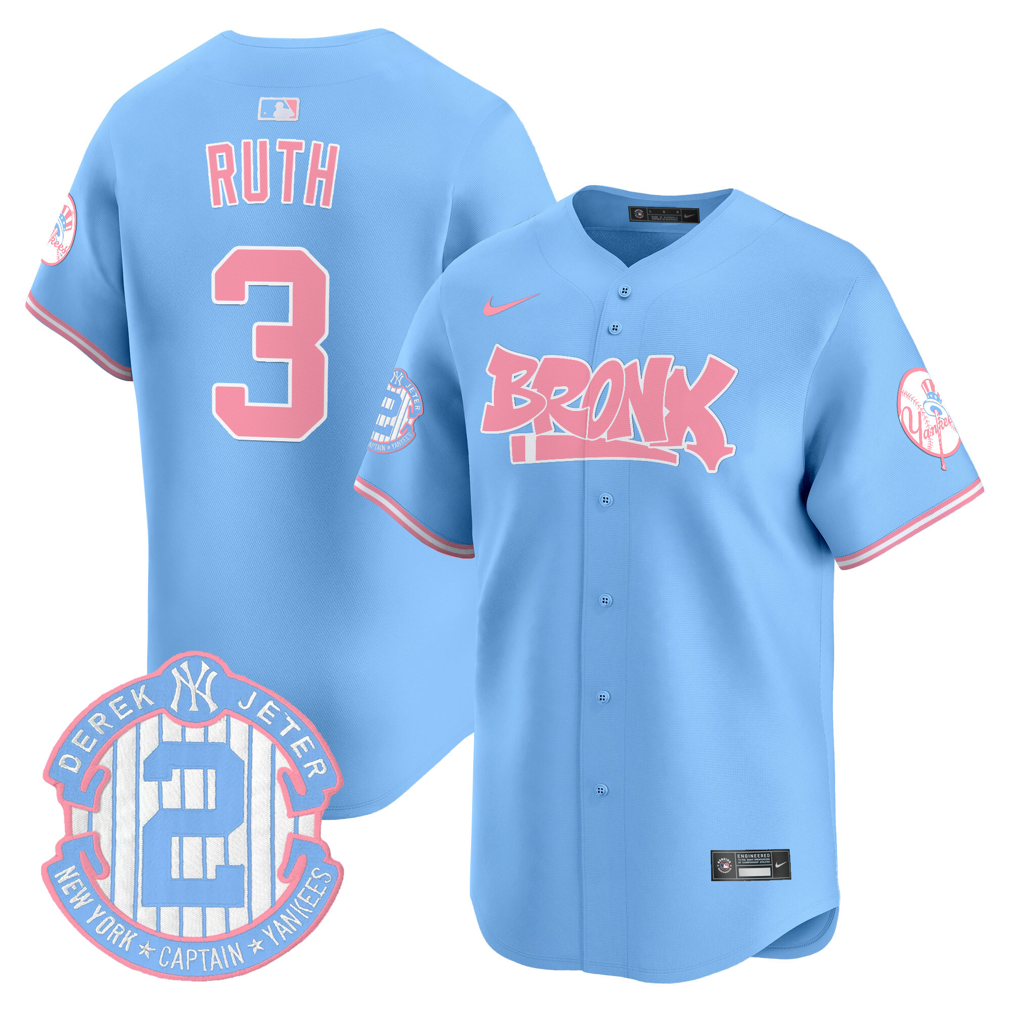 Babe RuthUnisex New York Yankees The Bronx Graffiti Bubblegum Pink Vapor Premier Limited Light Blue Jersey - All Stitched