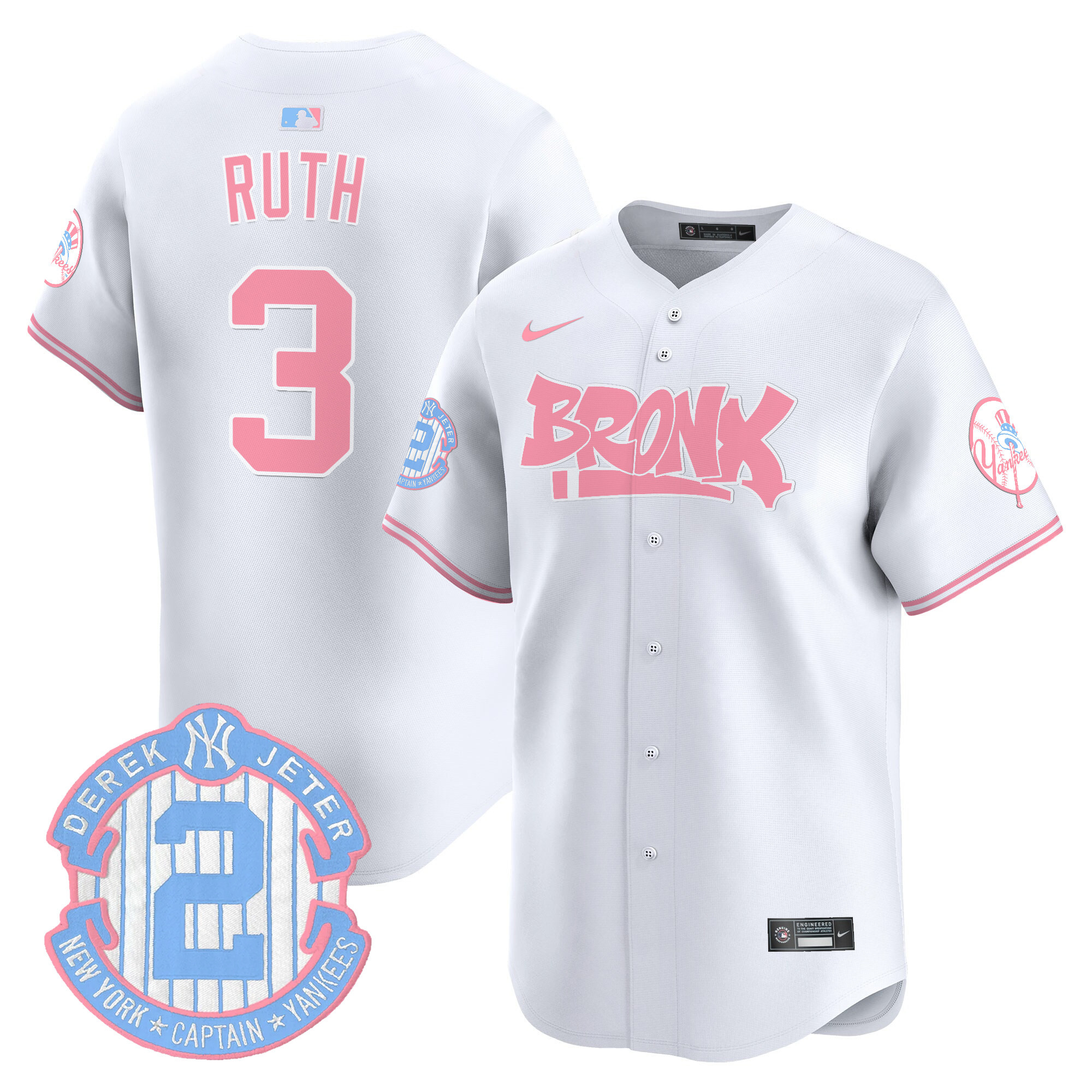 Babe RuthUnisex New York Yankees The Bronx Graffiti Bubblegum Pink Vapor Premier Limited White Jersey - All Stitched