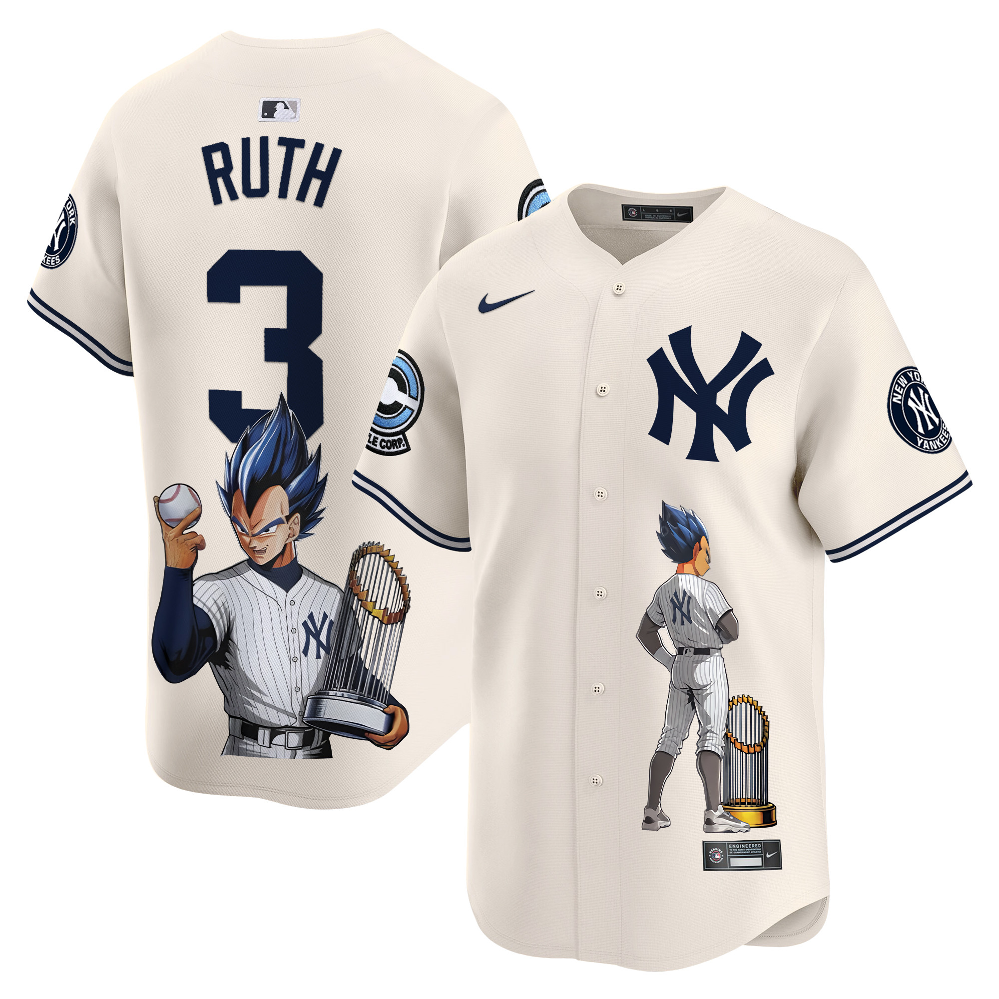 Babe RuthUnisex New York Yankees Vegeta Dragon Ball Vapor Premier Limited Cream Jersey - Printed