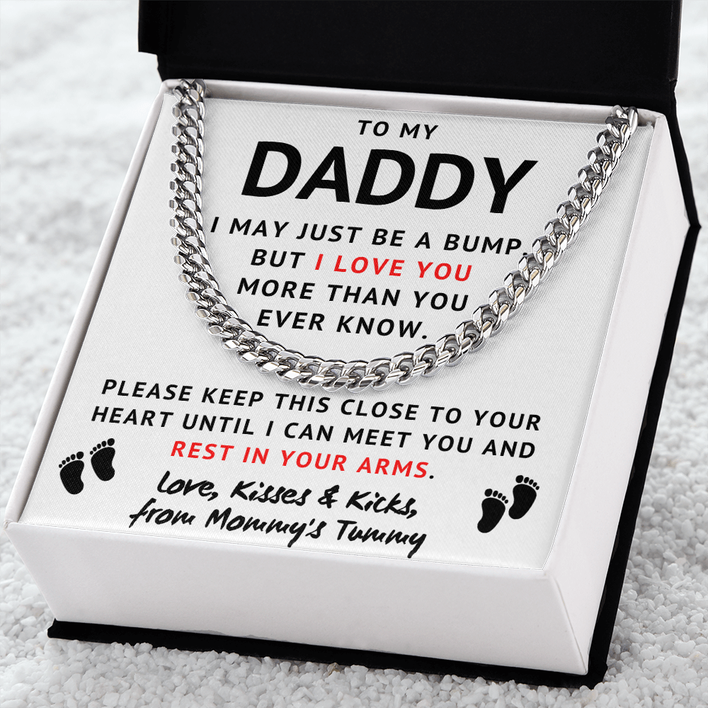 Baby Bump To My Daddy Cuban Link Chain – Love, Kisses & Kicks From Mommy’s Tummy, Father’s Day Gift, Birthday Gift for Husband