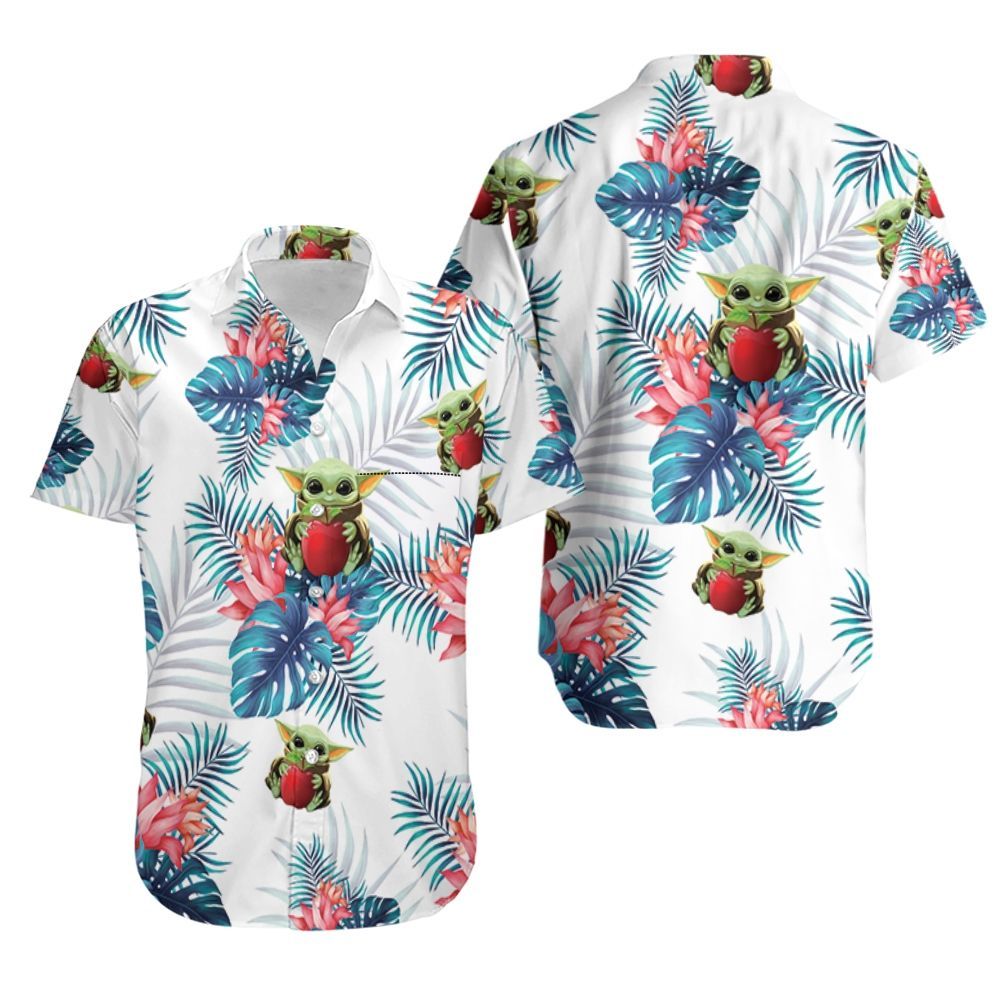 Baby Yoda Hugging Apples Seamless Tropical Blue Leaves On White Hawaiian Shirt