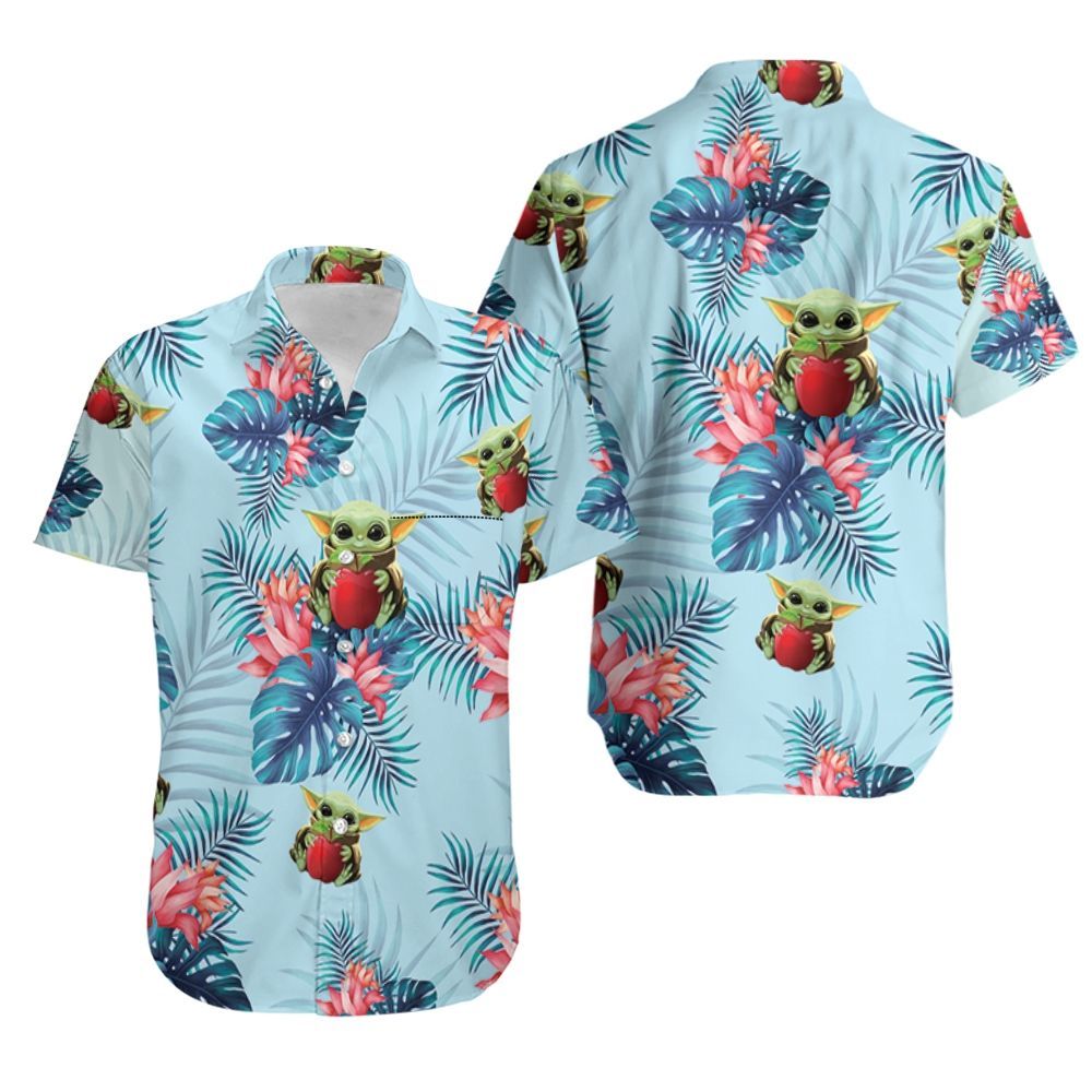 Baby Yoda Hugging Apples Seamless Tropical Colorful Flowers Blue Leaves On Blue Hawaiian Shirt