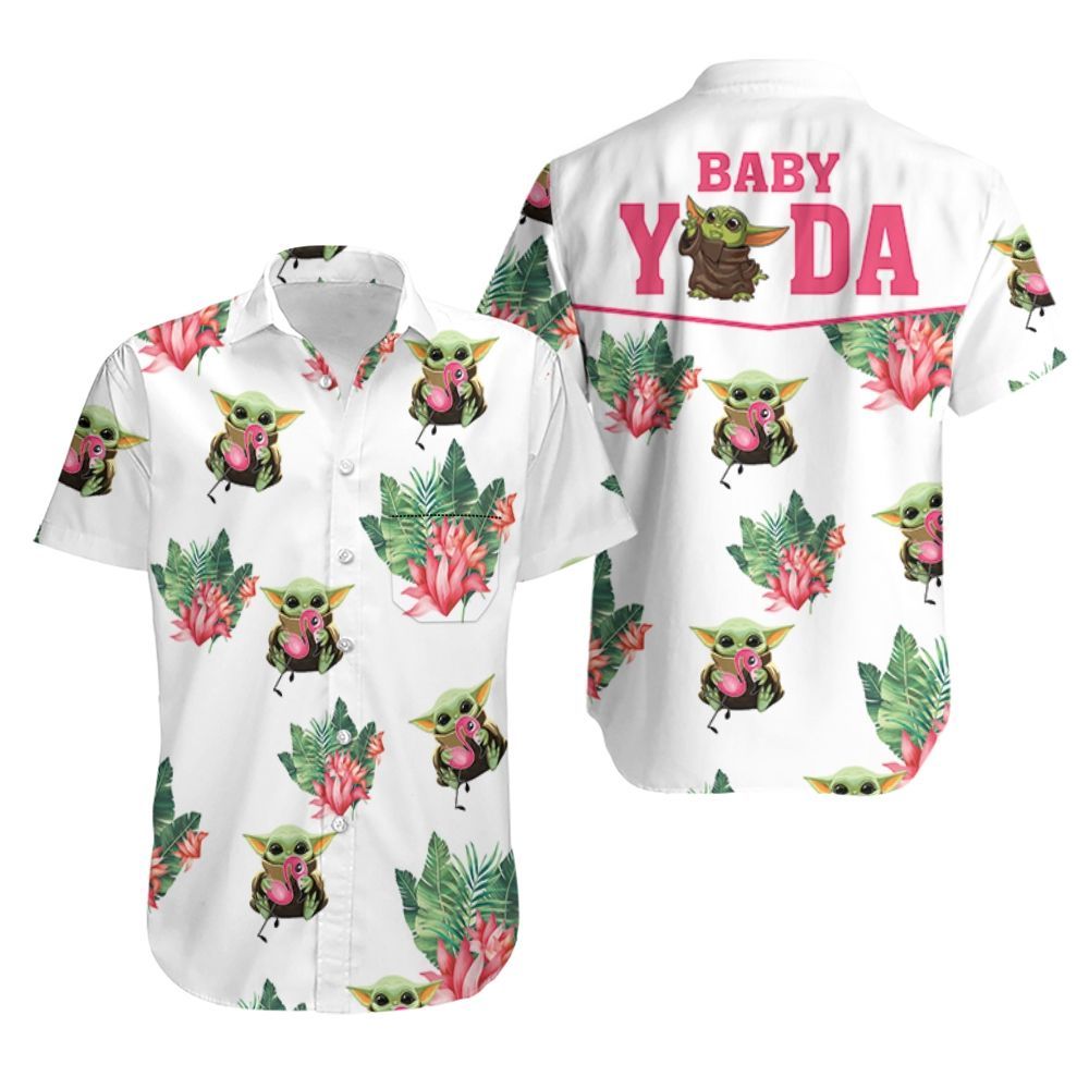 Baby Yoda Hugging Flamingos Seamless Tropical Leaves Lotuses On Black Hawaiian Shirt