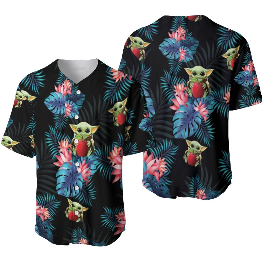 Baby Yoda Hugging Grapes Seamless Tropical Blue Leaves On Black Hawaiian Shirt