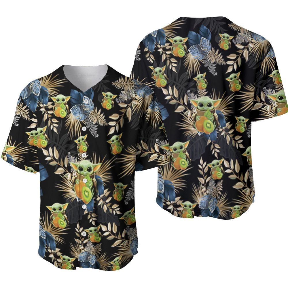 Baby Yoda Hugging Kiwis Blue Seamless Tropical Colorful Flowers On Black Hawaiian Shirt