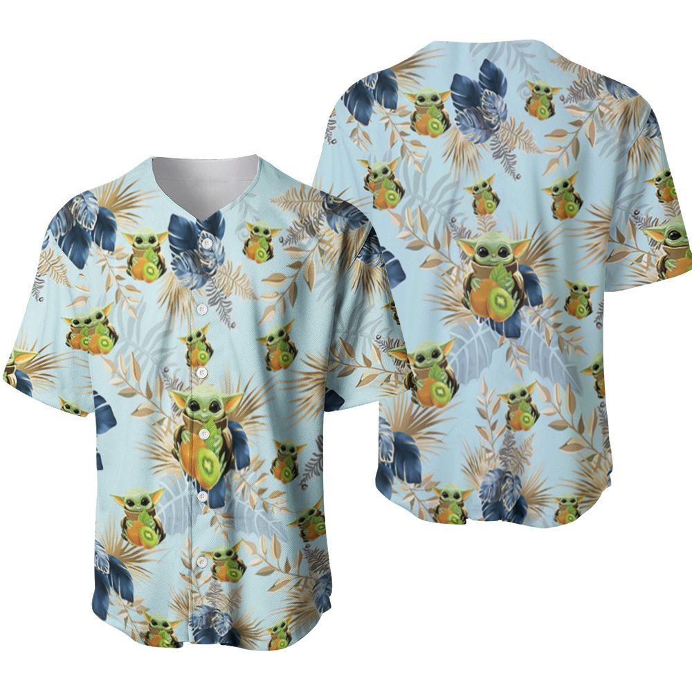 Baby Yoda Hugging Kiwis Blue Seamless Tropical Colorful Flowers On Teal Hawaiian Shirt