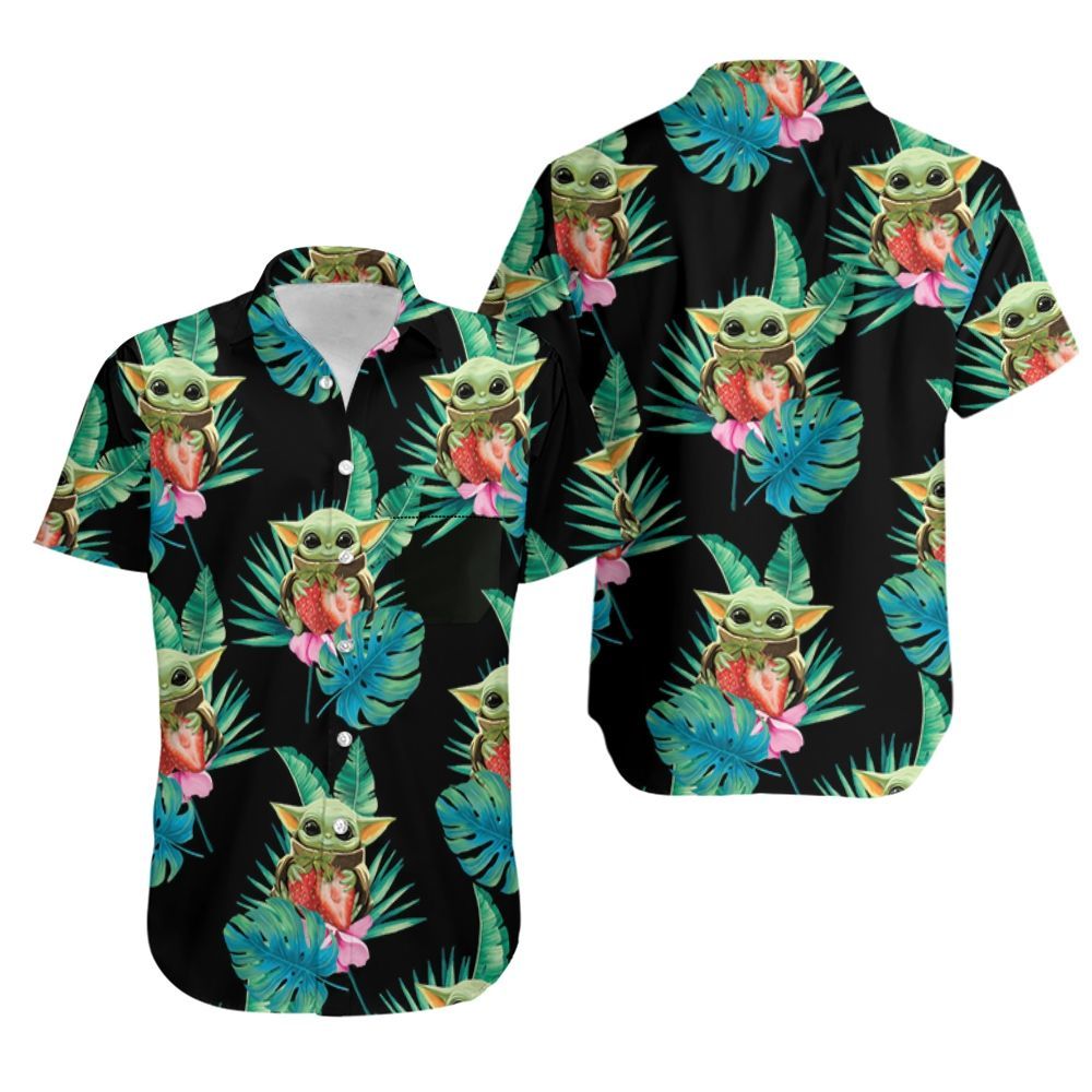 Baby Yoda Hugging Strawberries Seamless Tropical Green Leaves On Black Hawaiian Shirt