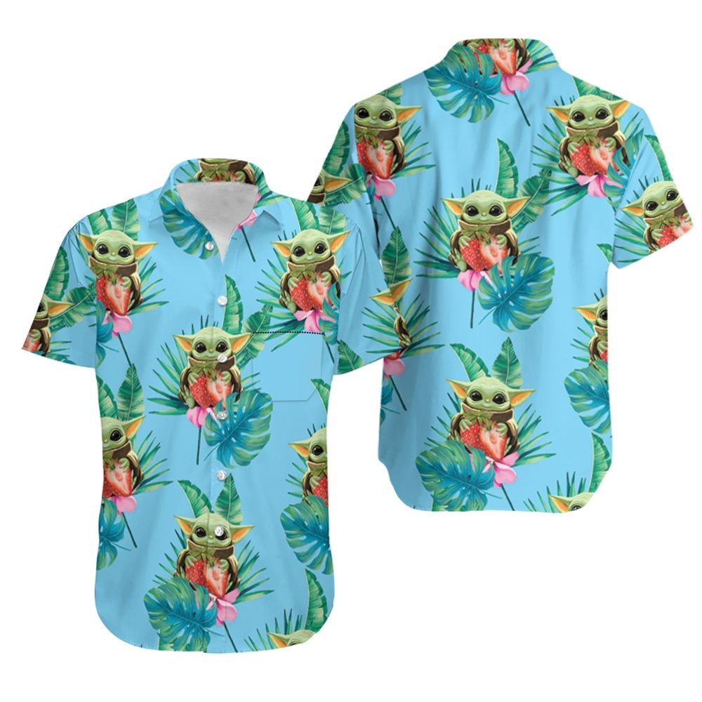 Baby Yoda Hugging Strawberries Seamless Tropical Green Leaves On Teal Hawaiian Shirt