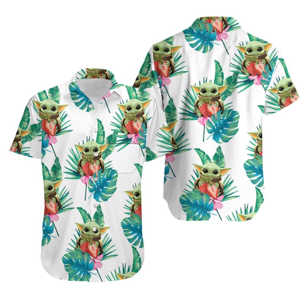 Baby Yoda Hugging Strawberries Seamless Tropical Green Leaves On White Hawaiian Shirt
