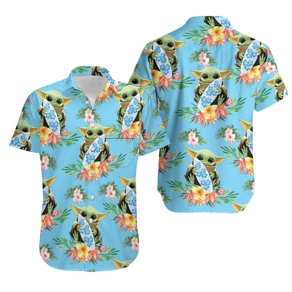 Baby Yoda Hugging Surf Boards Seamless Tropical Green Leaves On Teal Hawaiian Shirt