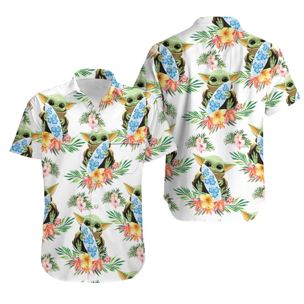Baby Yoda Hugging Surf Boards Seamless Tropical Green Leaves On White Hawaiian Shirt