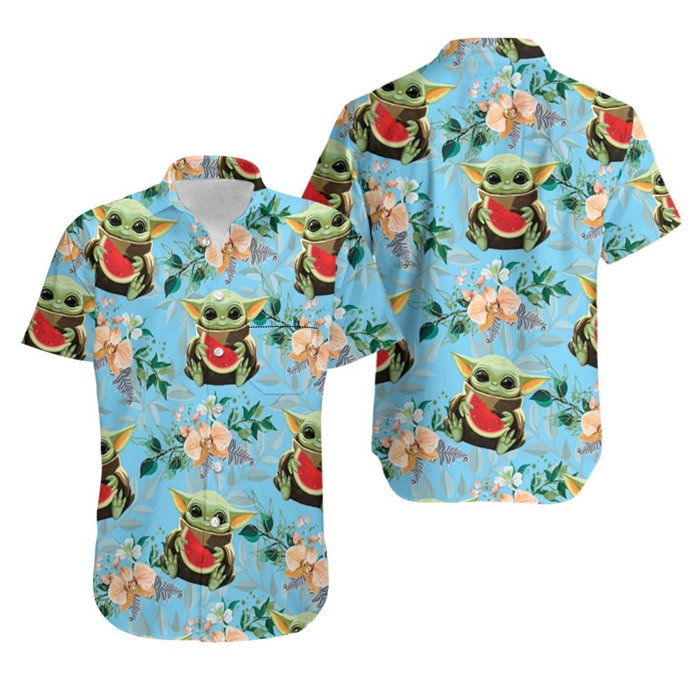 Baby Yoda Hugging Watermelons Seamless Tropical Colorful Flowers On Teal Hawaiian Shirt