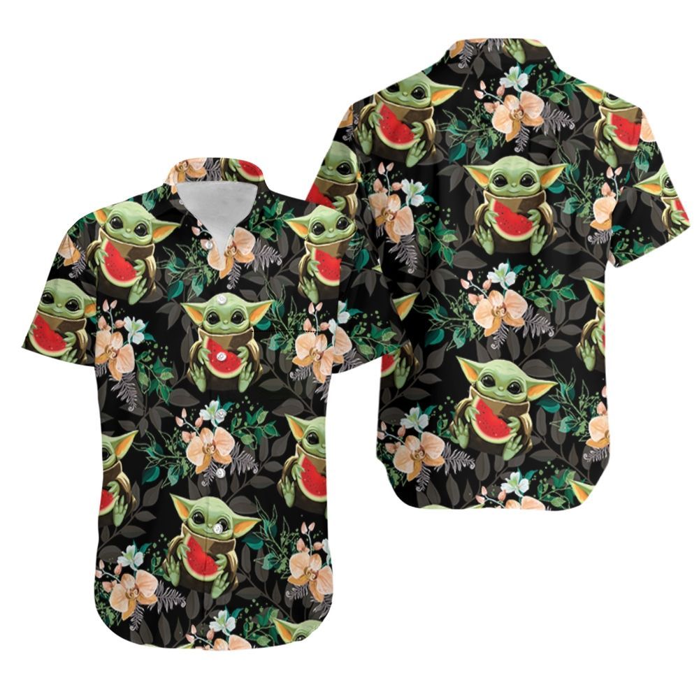 Baby Yoda Hugging Watermelons Seamless Tropical Green Leaves On Black Hawaiian Shirt