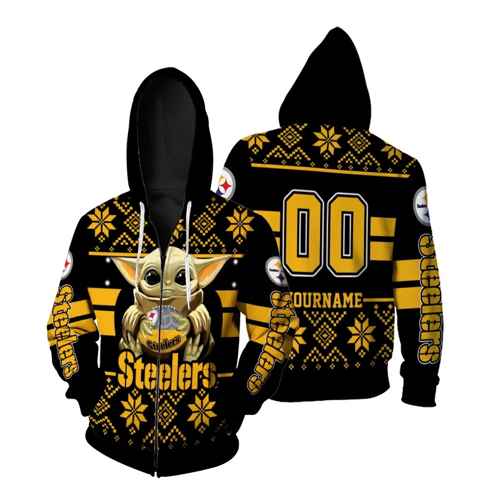 Baby Yoda Hugs Pittsburgh Steelers 1 Personalized Zip Hoodie