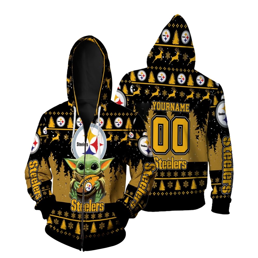 Baby Yoda Hugs Pittsburgh Steelers Personalized Zip Hoodie