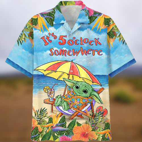 Baby Yoda on the beach its o clock somewhere hawaiian shirt